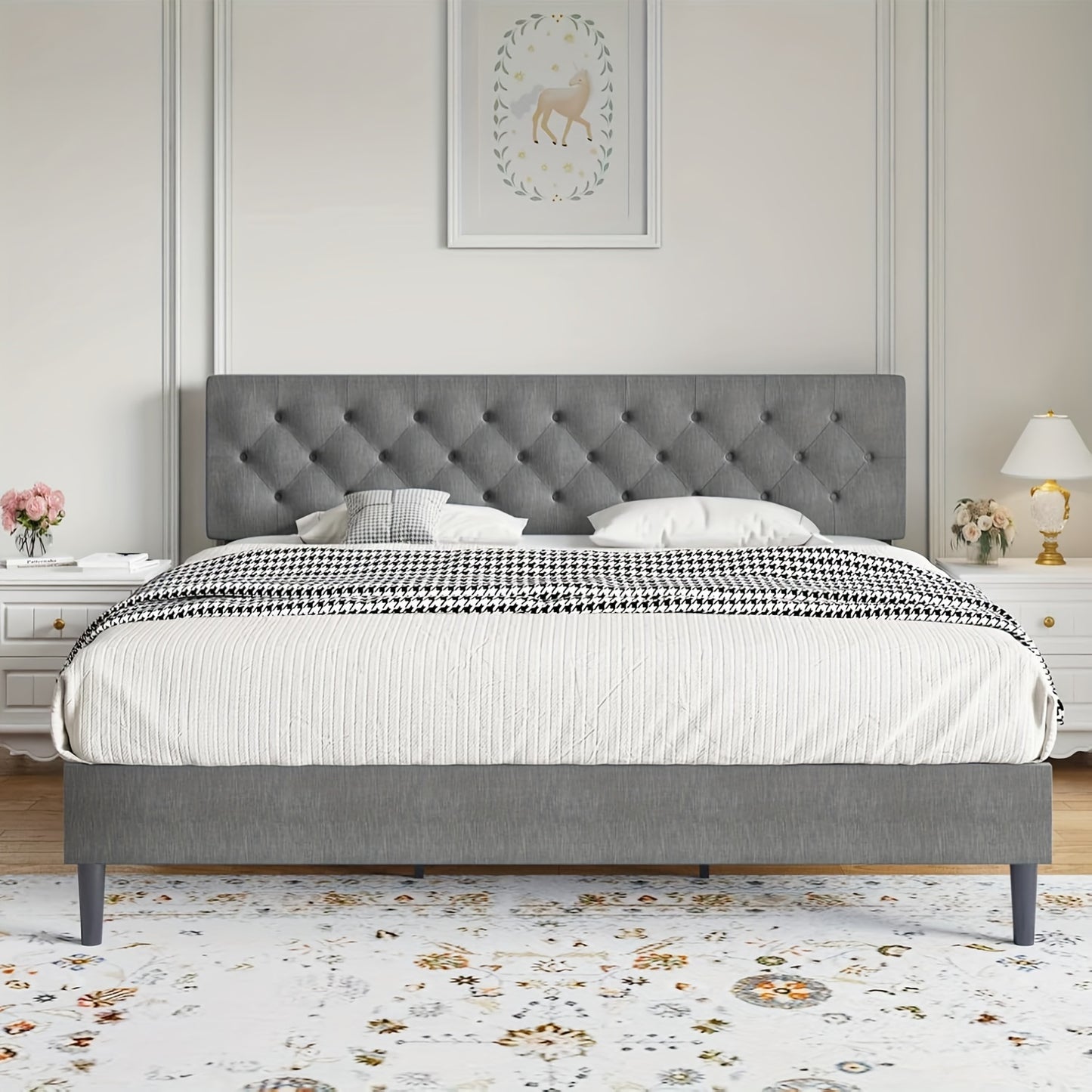 Elegant Grey Linen Upholstered Bed Frame with Tufted Headboard - Solid Wood Platform Bed with Sturdy Slats Support, Easy Assembly, No Box Spring Needed, Perfect for Modern Decor, Bed Accessories, HOMBCK