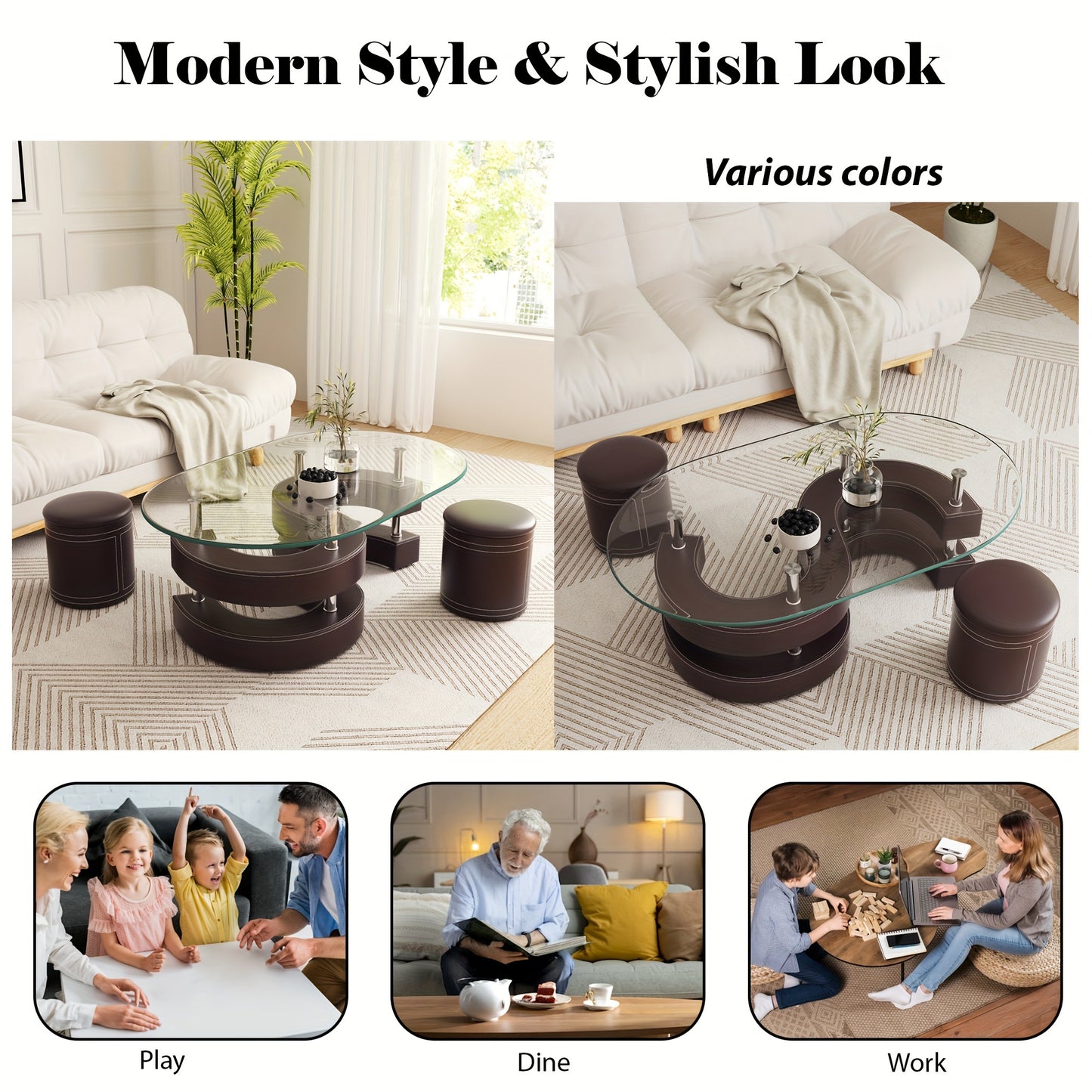 Modern Glass Coffee Table Set Of Three, Including 0.39-inch Thick Oval Coffee Table And 2 Leather Stools, S-shaped Design Living Room Center Table, Maximum Load-bearing Capacity 220 Pounds, Suitable For Living Room, Bedroom,