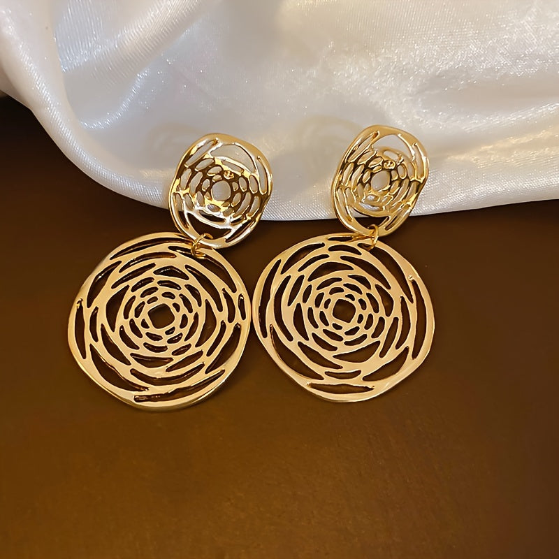 Elegant Middle Eastern Style Round Hollow-Out Earrings, Luxurious Alloy with 925 Silvery Posts for Daily Wear and Parties