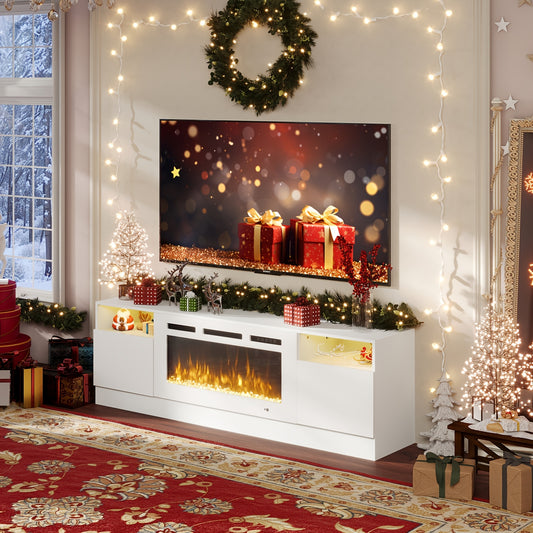 Modern 70" TV Stand with 36" Electric Fireplace, LED Lighting & Storage - Fits Up to 80" TVs, White