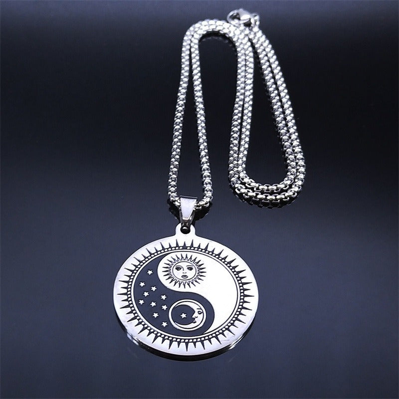 Stainless Steel Yin Yang Tai Chi Sun & Moon Pendant Necklace - Fashionable Chinese Style Amulet with Starry Night Design, Durable 316L Stainless Steel Chain, Sun And Moon Jewelry