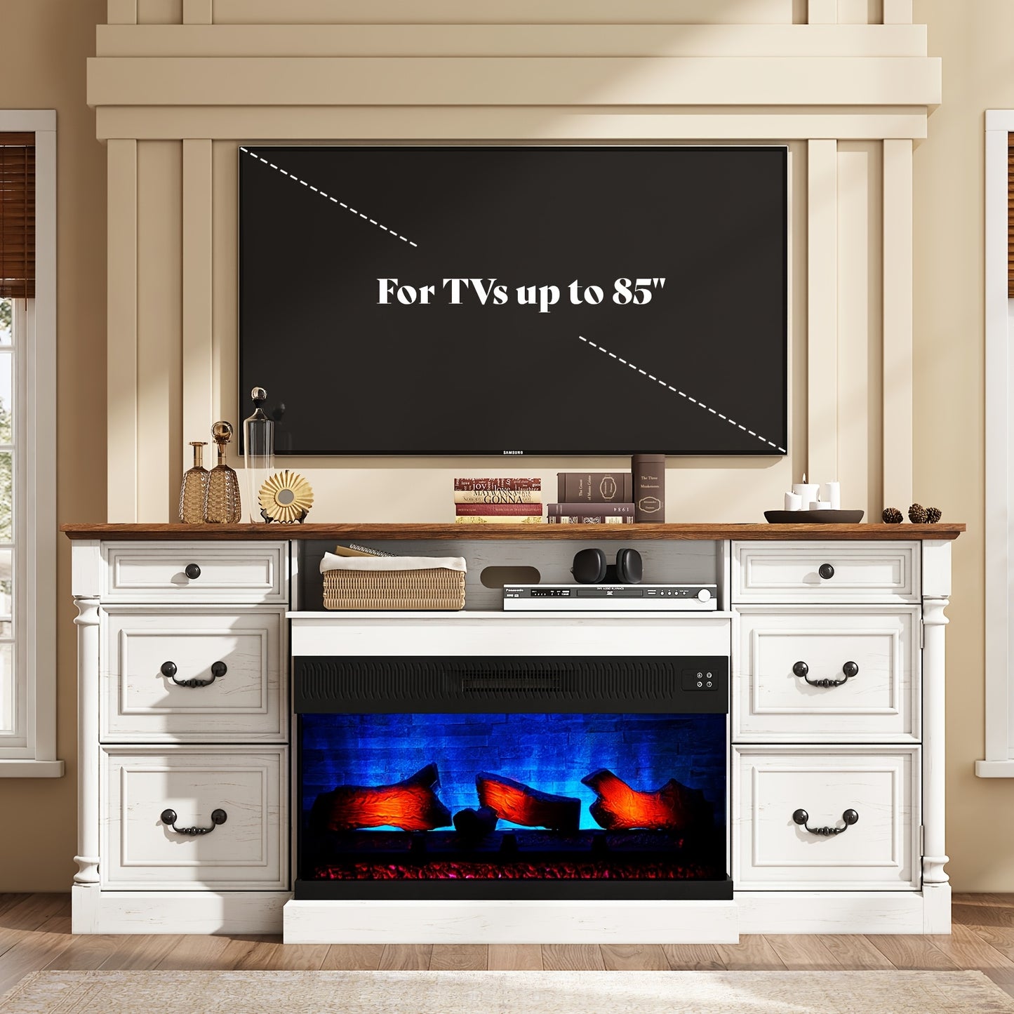 Charming 75" Farmhouse TV Stand with 36" Glass Fireplace - Spacious Entertainment Center with 2 Drawers & Closed Storage, Fits Up to 85" TVs