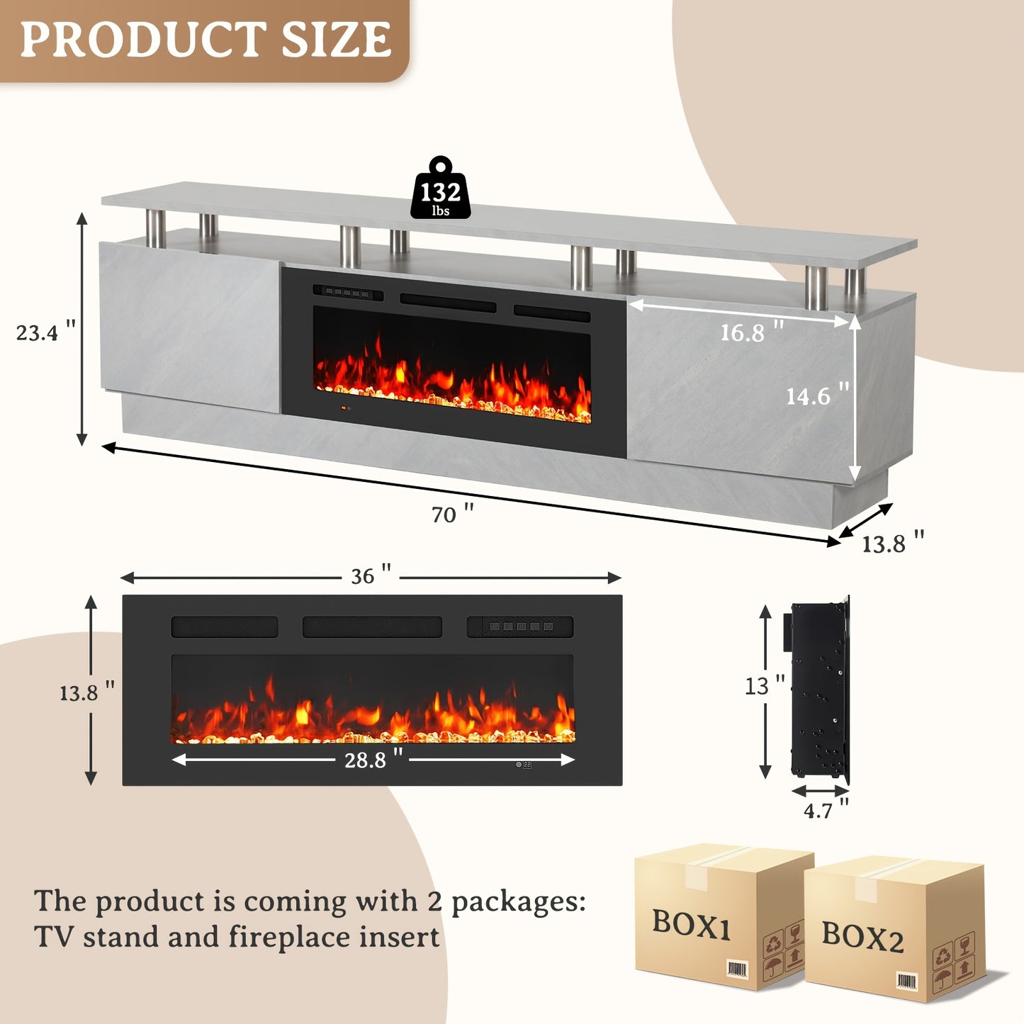 70" Fireplace TV Stand with 36" Electric Fireplace, 2-Tier LED Entertainment Center for TVs Up to 80", Ideal for Living Room,, Grey