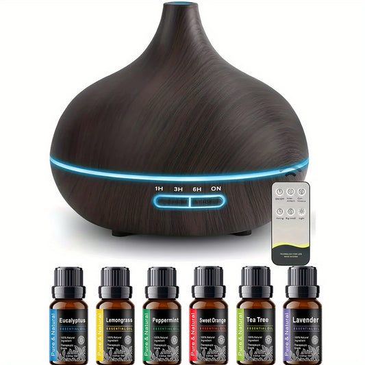 18.6oz Aromatherapy Essential Oil Diffuser Wood Grain Remote Control Ultrasonic Air Humidifier Cool 7 Color LED Light With 6 Oils