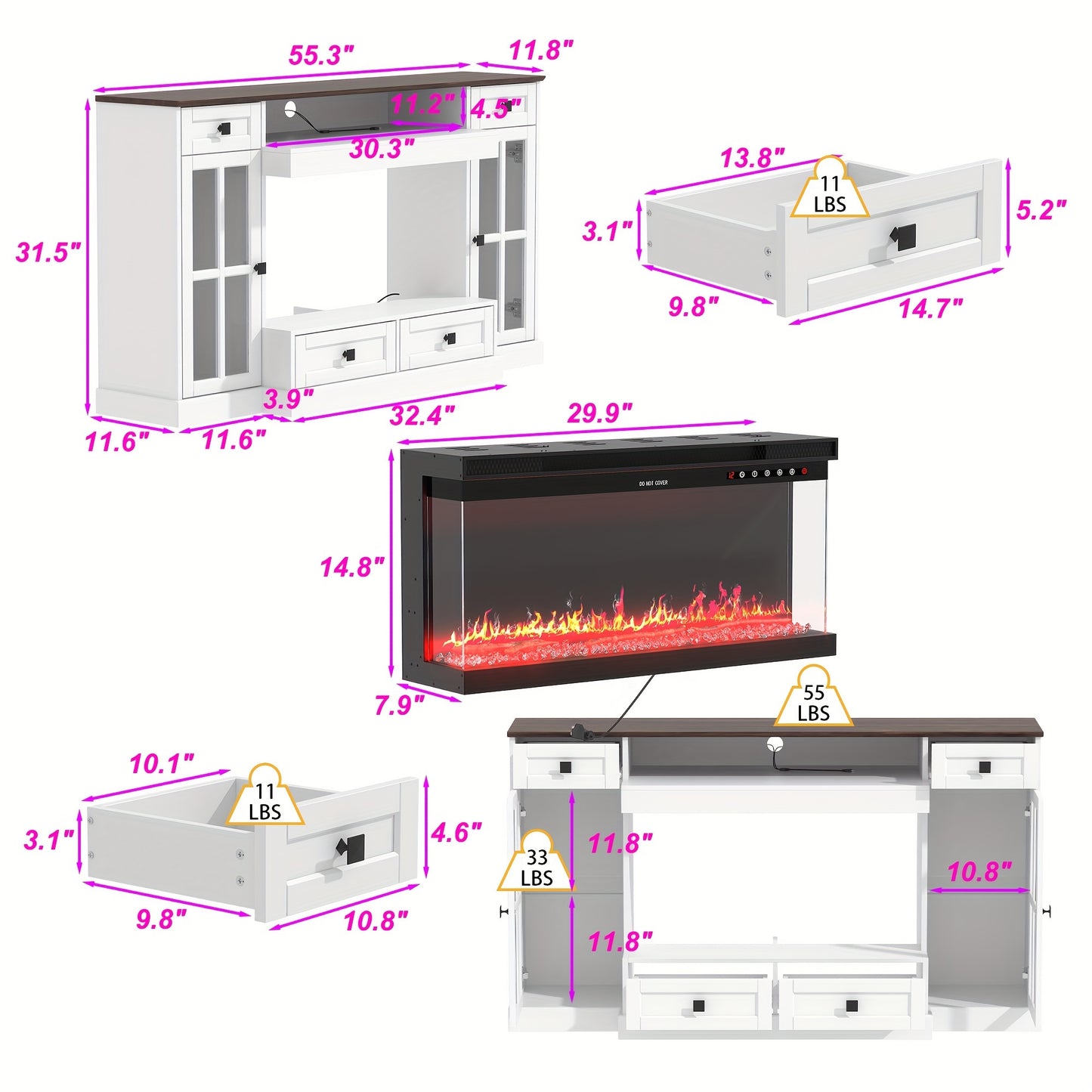 Modern LED Fireplace Cabinet With Remote Control - Multi-Color Lighting & Ample Storage