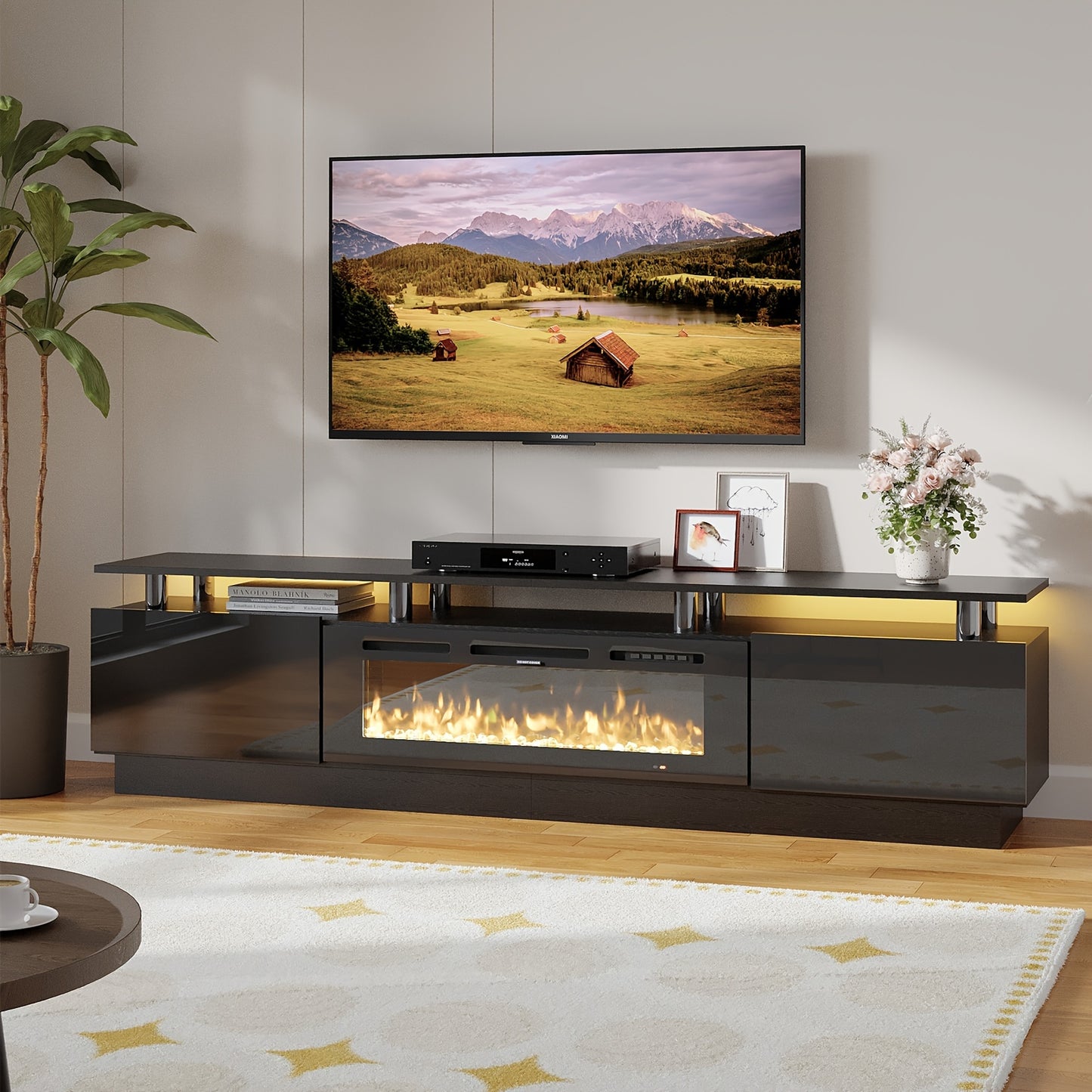 Fireplace TV Stand With 36" Fireplace, Modern High Gloss Fireplace Entertainment Center LED Lights, TV Console Cabinet For TVs Up To 80"