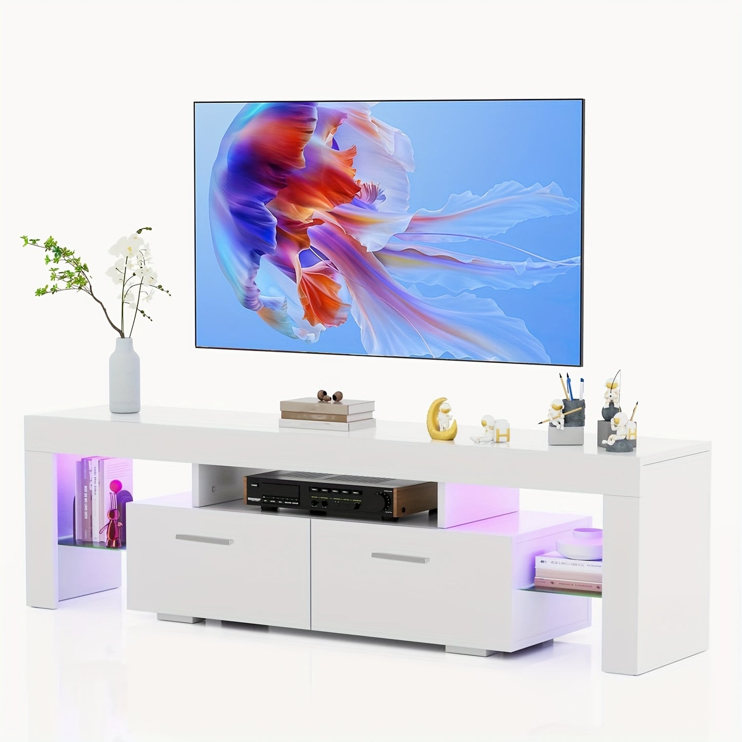 Modern 63''/71'' LED TV Stand For 55/65/75/80 Inch TV, High Gloss Media Center Television Console Table, Entertainment Center With Storage Drawers For Living Room, Game Room, Or Bedroom, White Or Black