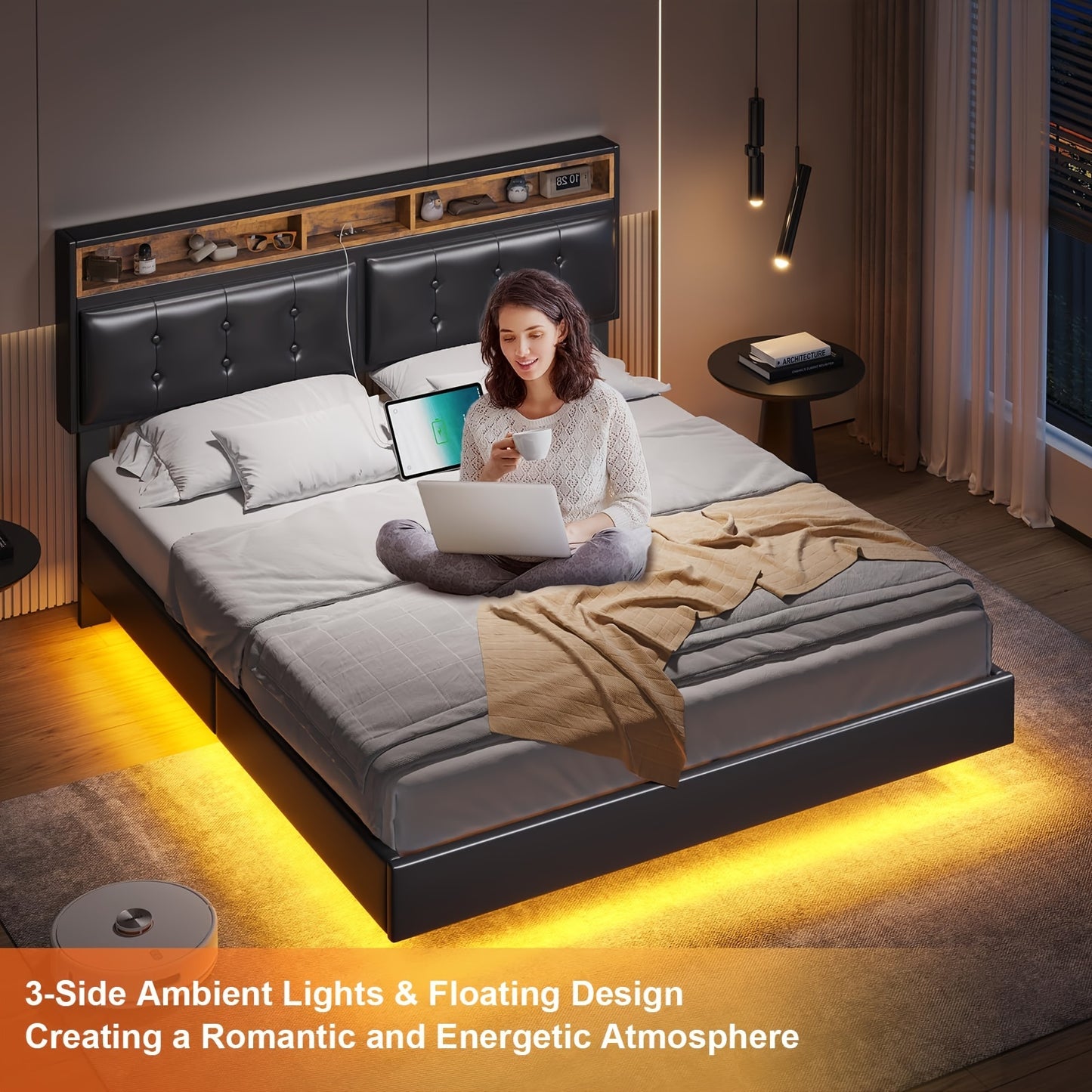 Full Floating Bed Frame With Led Lights And Charging Ports Modern Visual Floating Platform Bed Full Size With Storage And Tufted Buttons Headboard, Faux Leather, No Box Spring Needed, Black