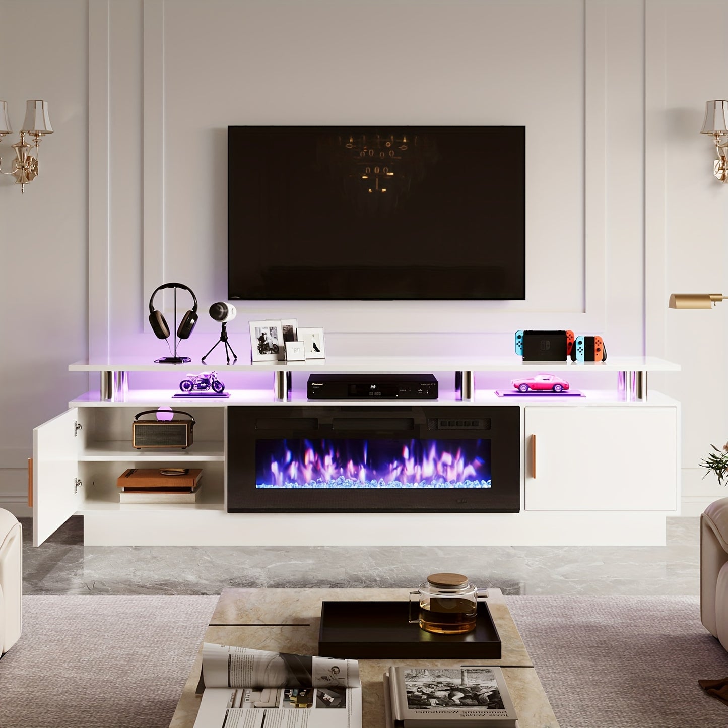 70"/80" Modern Electric Fireplace TV Stand For TVs Up To 80 Inch, With Electronic Flame And LED Lights, Luxury High Gloss Finish Entertainment Center For Living Room, White