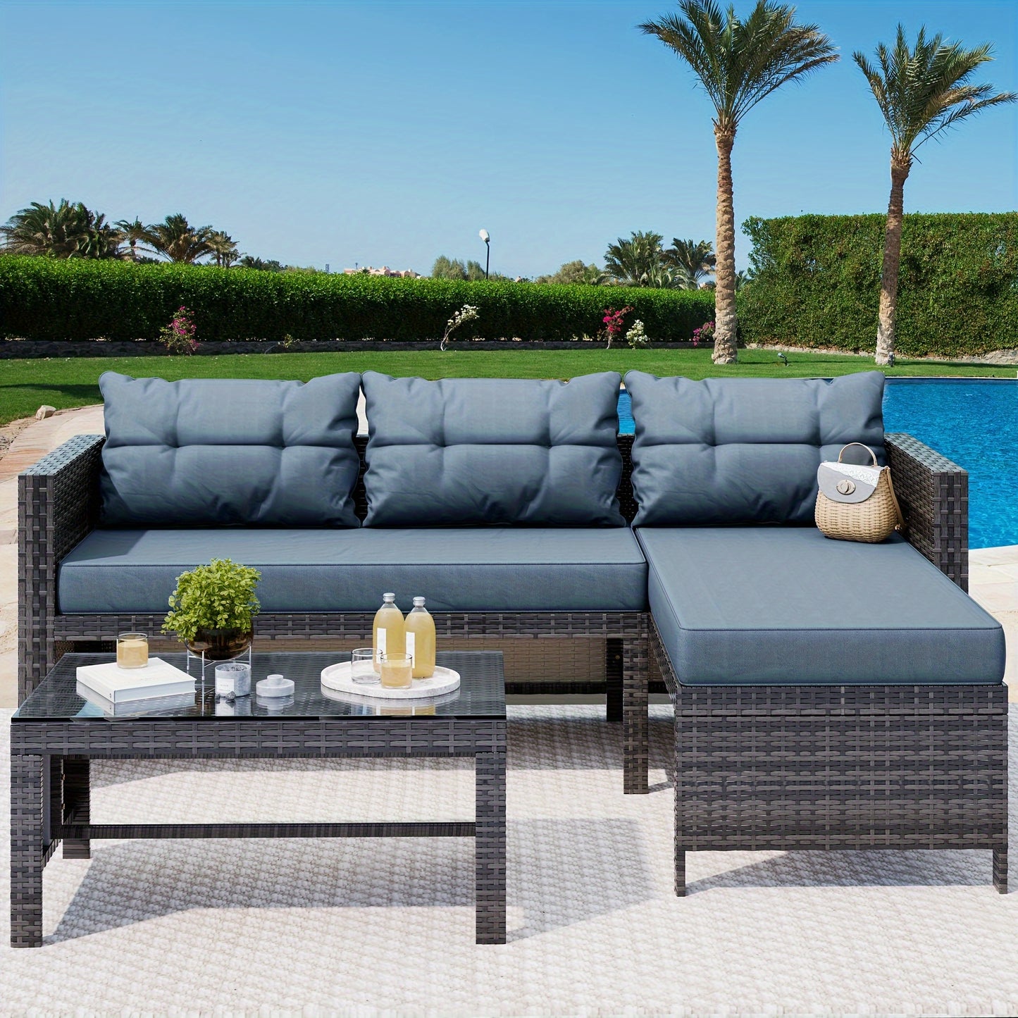 Vahekhrus Christmas-Ready Outdoor Patio Furniture Set: Sturdy Wicker Sectional Sofa with Glass Top Coffee Table – Ideal for Autumn/ Winter Porch, Garden, Poolside, and Holiday Decor