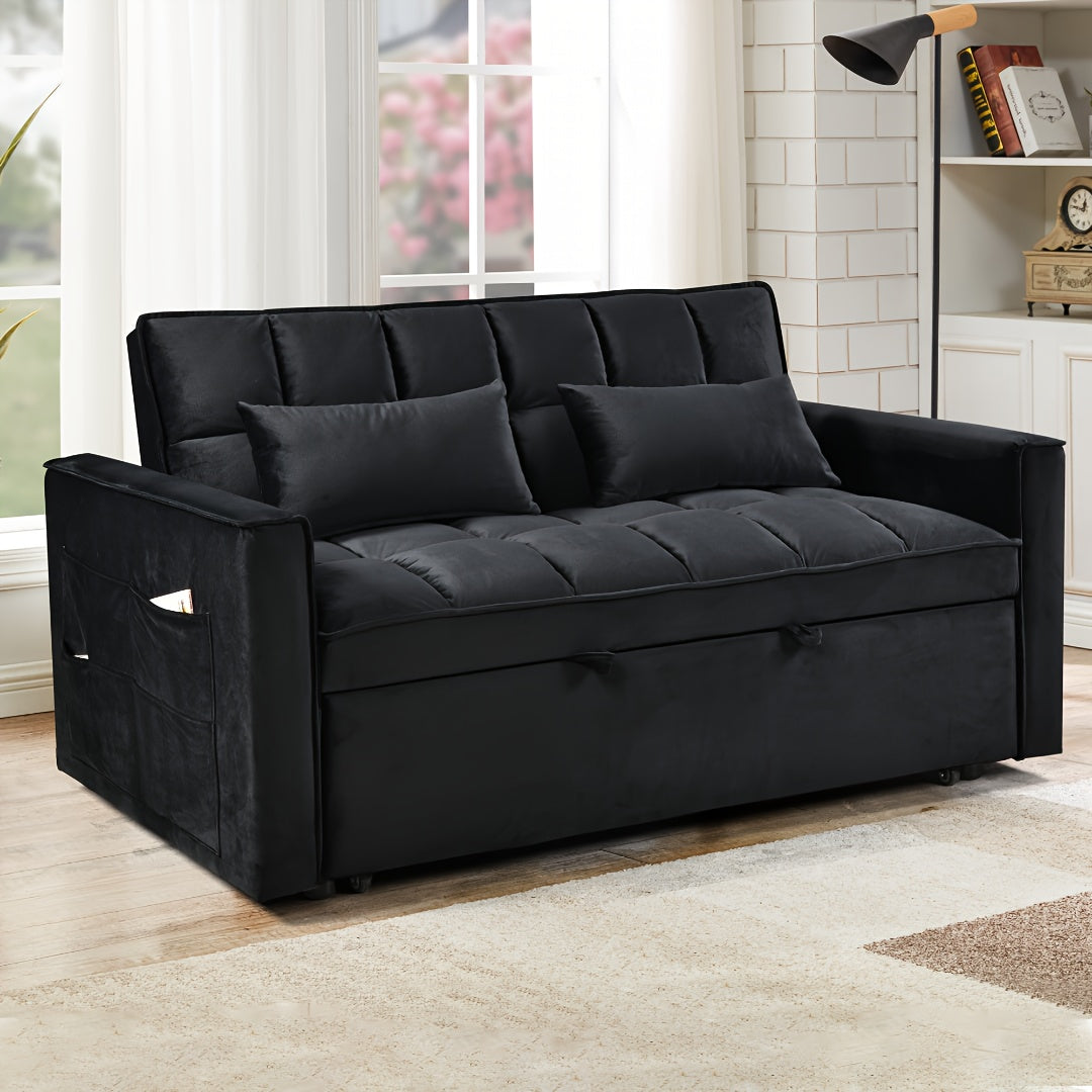 Velvet Modern Double Sofa Bed, 3 In 1 Convertible Sofa Bed With Adjustable Backrest, Side Storage Pockets And Living Room Pillows, Gray, Black, Blue