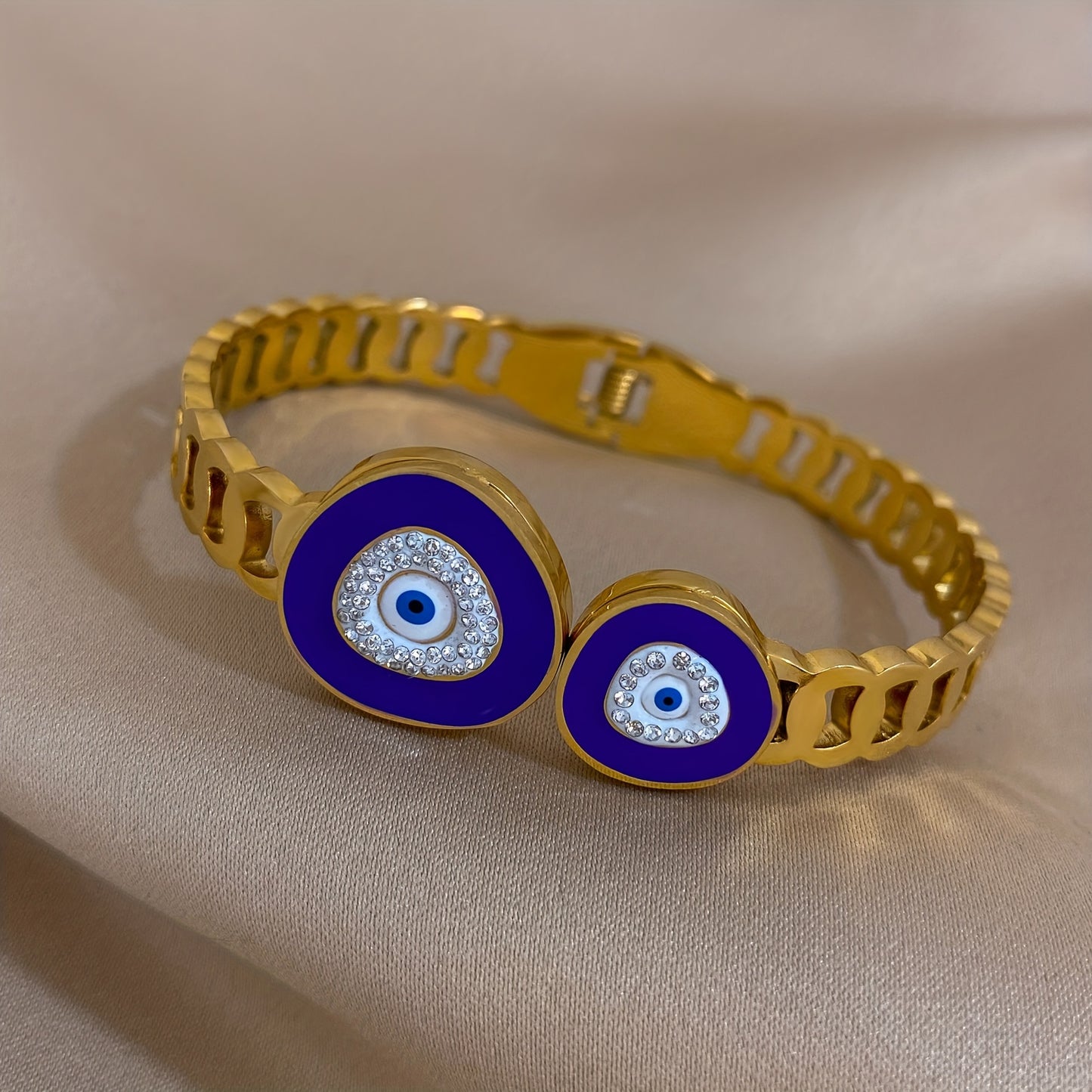 Stainless Steel Gold-Plated Evil Eye Cuff Bracelet - Punk Style Double Blue Eye Design - For Women - Perfect for Weddings, Anniversaries, Birthdays & More - Ideal Gift for Fashion Lovers