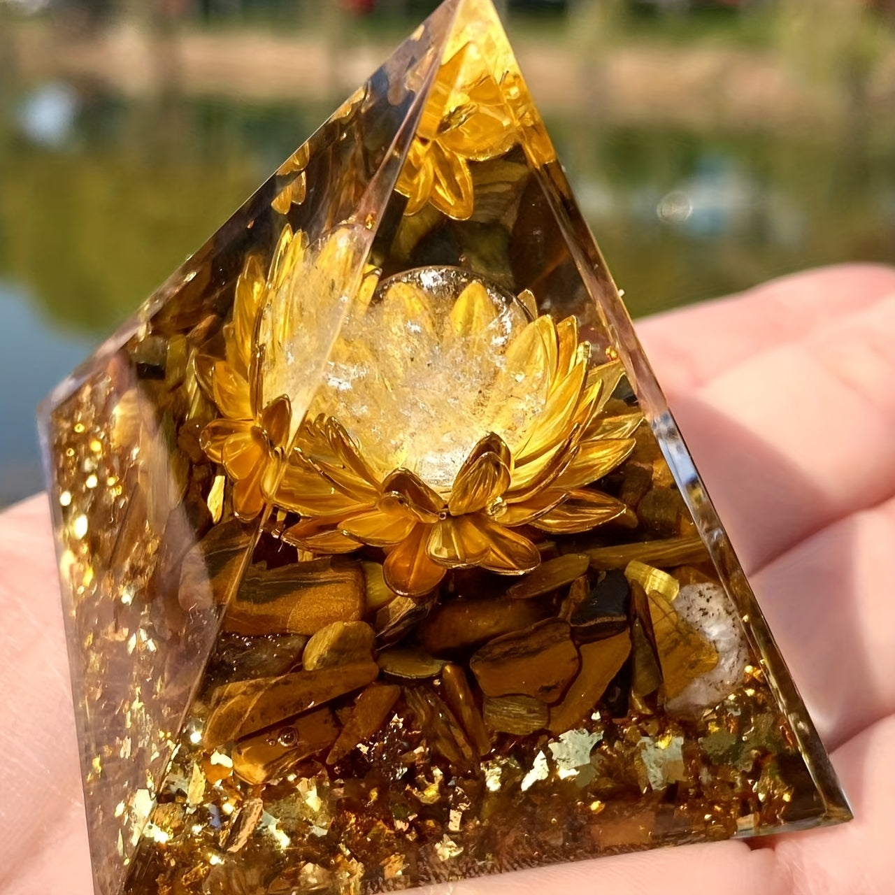 1pc Orgone Abundance Pyramid with Tiger's Eye & White Crystal - Attract Wealth, Prosperity & Success | Sparkling Golden Glitter Accents for Positive Energy & Spiritual Growth | Ideal for Home Decor & Good Luck Charm