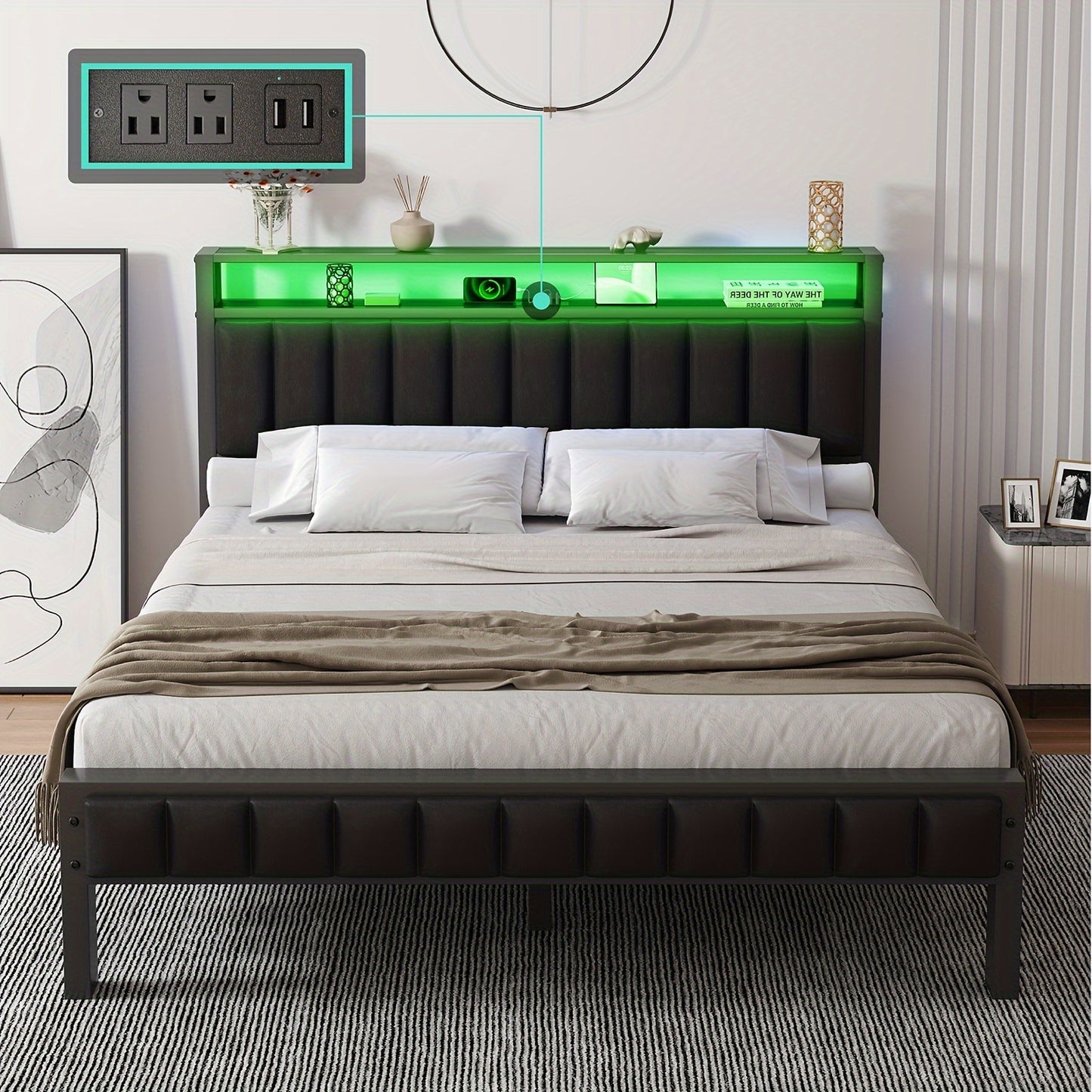 Bed Frame, LED Platform Bed with Faux Leather Headboard, Charging Station, 2-Tier Storage Space/No Box Spring Needed/Noise-Free