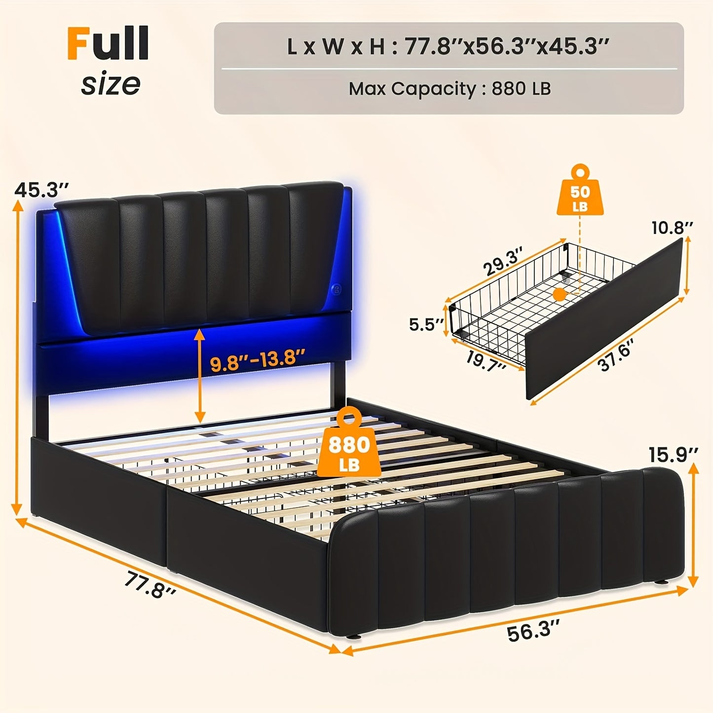 Full Size Bed Frame With Headboard, 4 Storage Drawers, LED Lights Platform Bed Frame With Adjustable Headboard Black