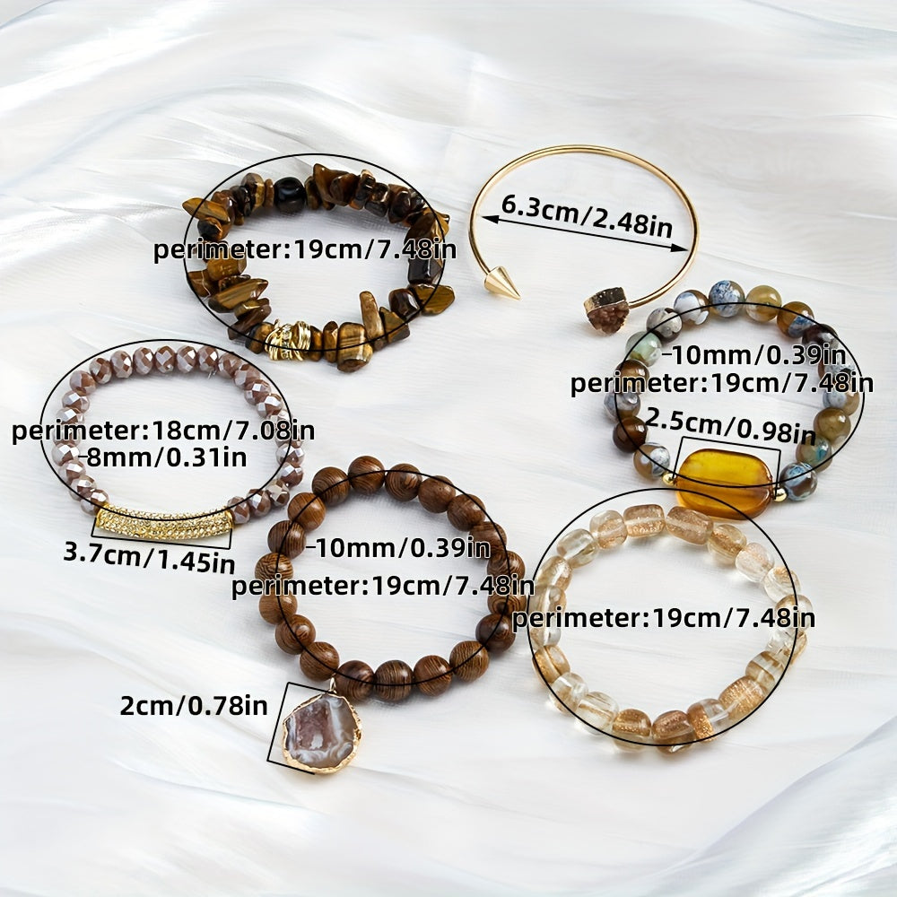 Bohemian Stackable Stretch Beaded Bracelet Set for Women, 6PCS Vintage Natural Stone Elastic Bangle with Glass Crystal Accents, No Plating Handcrafted Jewelry Set