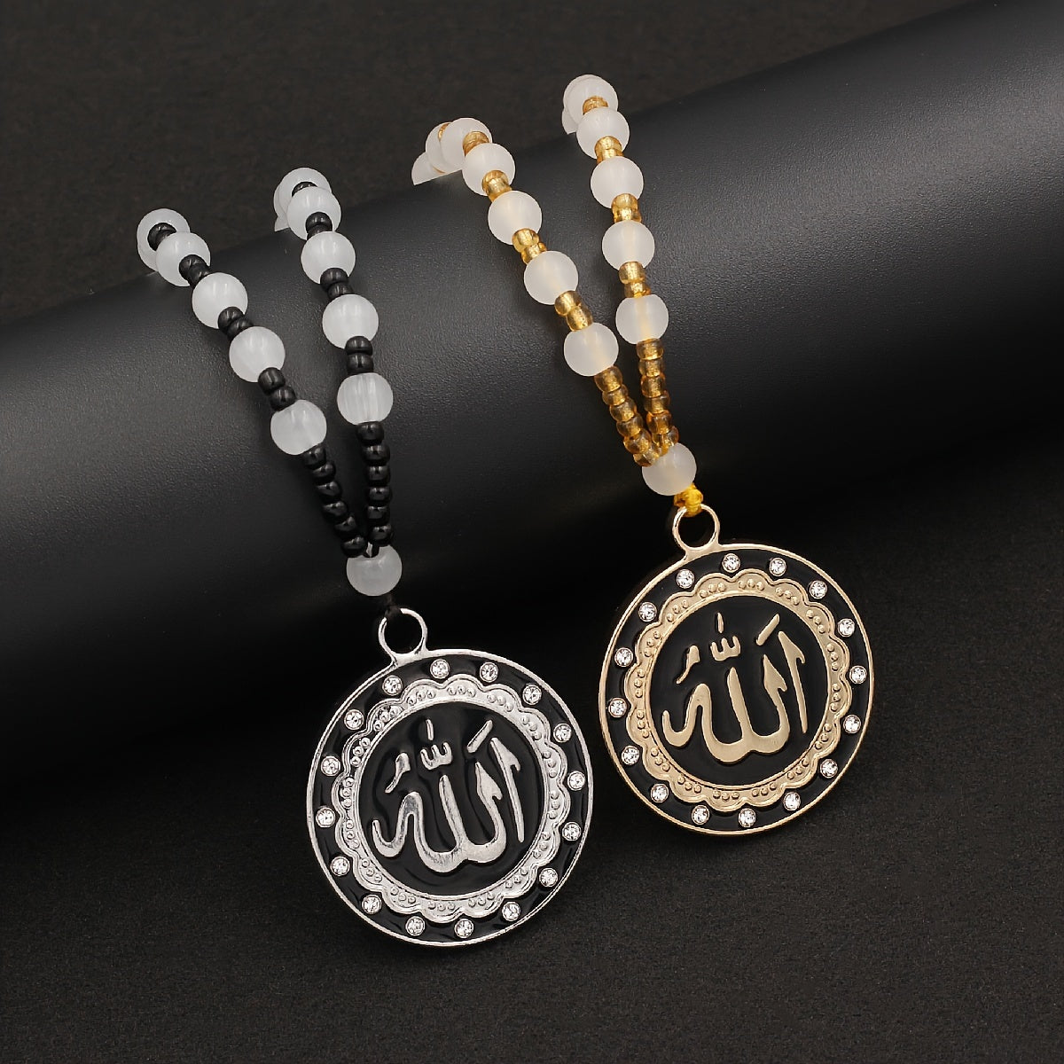 Islamic Calligraphy Pendant Necklace - Fashionable Zinc Alloy with Magnetic Hematite, Rhinestone Accents for Men & Women - Perfect Ramadan Gift