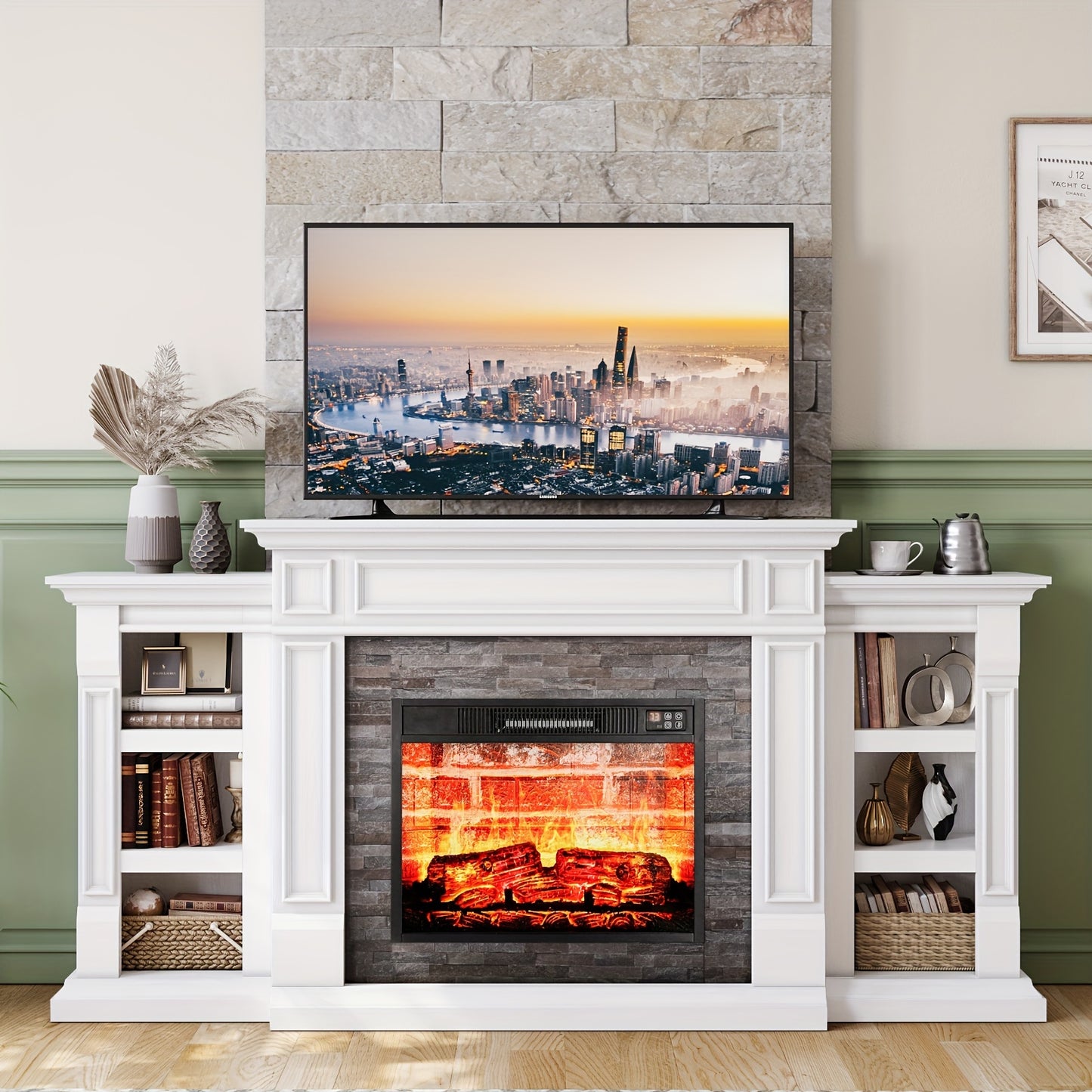 72" Electric Fireplace With Mantel, Fireplace TV Stand For TVs Up To 80 Inch, 1400W, Freestanding, Remote Control, Timer, Realistic Log And Flame Effect, Adjustable Temperature & Brightness For Home Bedroom Living Room Indoor