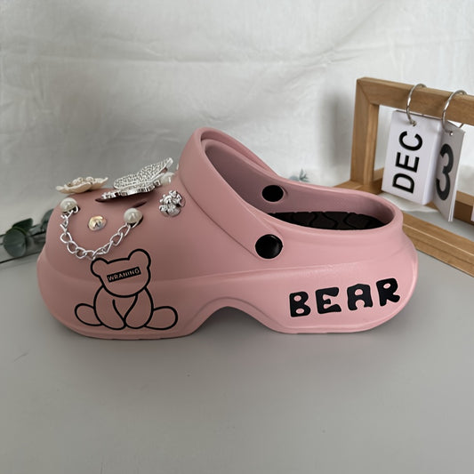 Casual Cartoon Bear Pattern Mules & Clogs for Women, Breathable EVA Platform Heel Clogs with Bow Embellishment, Versatile Indoor/Outdoor Fashion Footwear - Quanzhou Manufactured