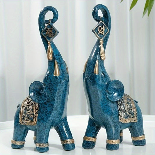 Pair of Blue Elephant Statues: Suitable for Living Room, Desk, And Bookshelf Decorations - Abstract, Vintage Style, Resin Material, No Electricity Required