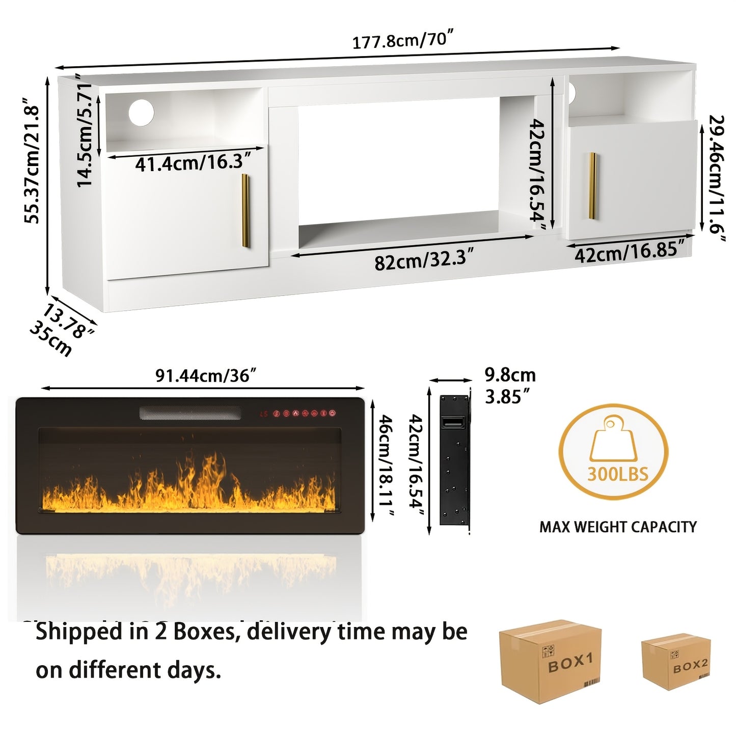 Modern LED Fireplace TV Stand, 36" Electric Fireplace Entertainment Center with Storage Shelves, Metal and Wood Construction, Assembly Required, Fits Up to 80" TVs - White