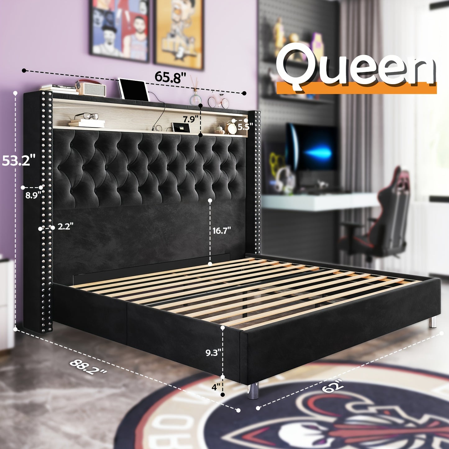 PaPaJet Velvet Upholstered Platform Bed Frame with LED Lights&Srorage Wingback Headboard