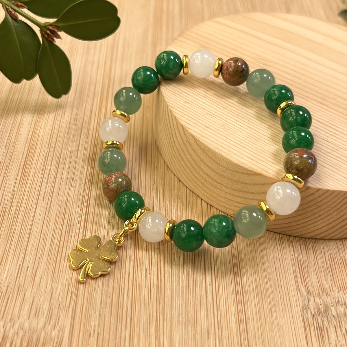 1pc Green Aventurine & Chrysocolla Beaded Bracelet with Four-Leaf Clover Charm, Natural Stone Prosperity Jewelry, Vintage Bohemian Style, St. Patrick'S Day & Thanksgiving Gift, Unisex Elegant Accessory