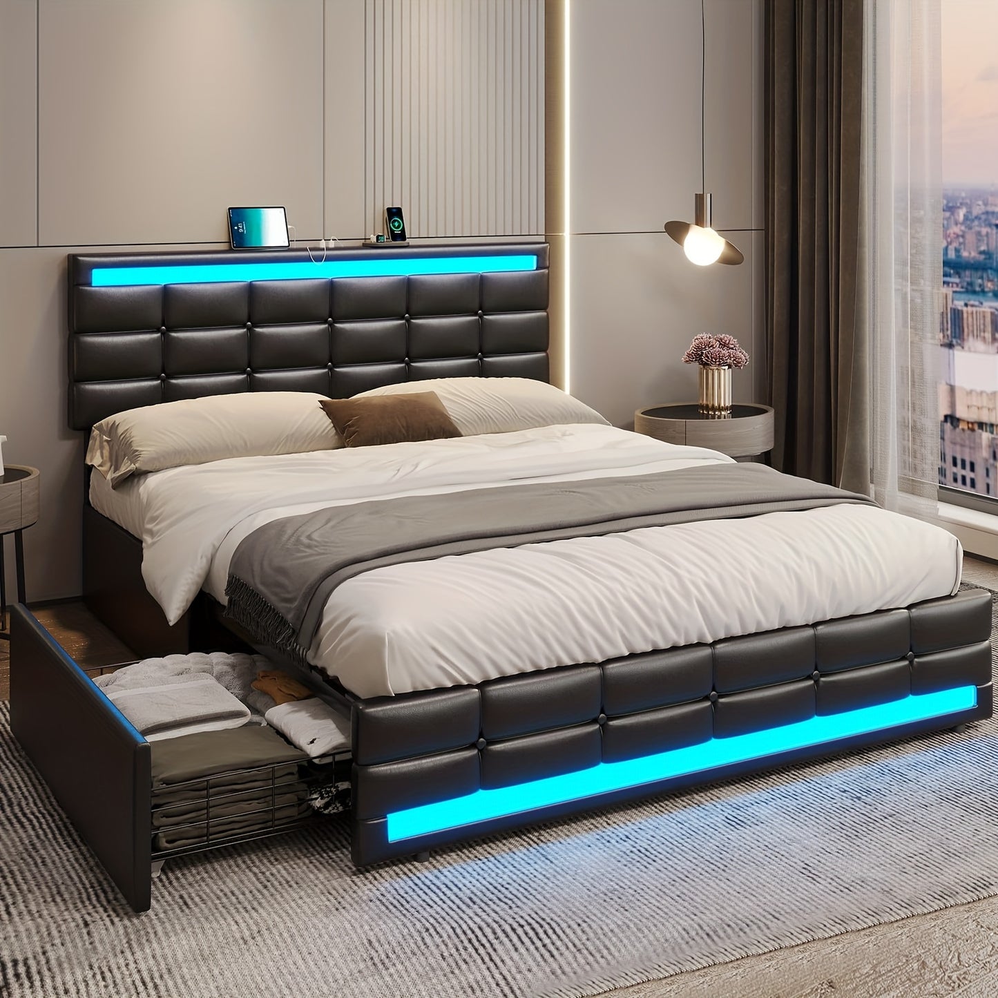 Queen Bed Frame With LED Lights Leather Platform Bed With Storage Drawers And Charging Station, LED Bed Frame Queen Size With Adjustable Headboard, No Box Spring Needed, Black