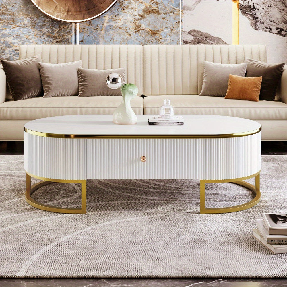 [1 Modern Oval Coffee Table] Thcbme Modern Oval Coffee Table, Wood Frame & Top, Space-Saving Curved Profile Design, with 2 Large Drawers, Golden Metal Accents, for Living Room, Office, Bedroom - White & Golden