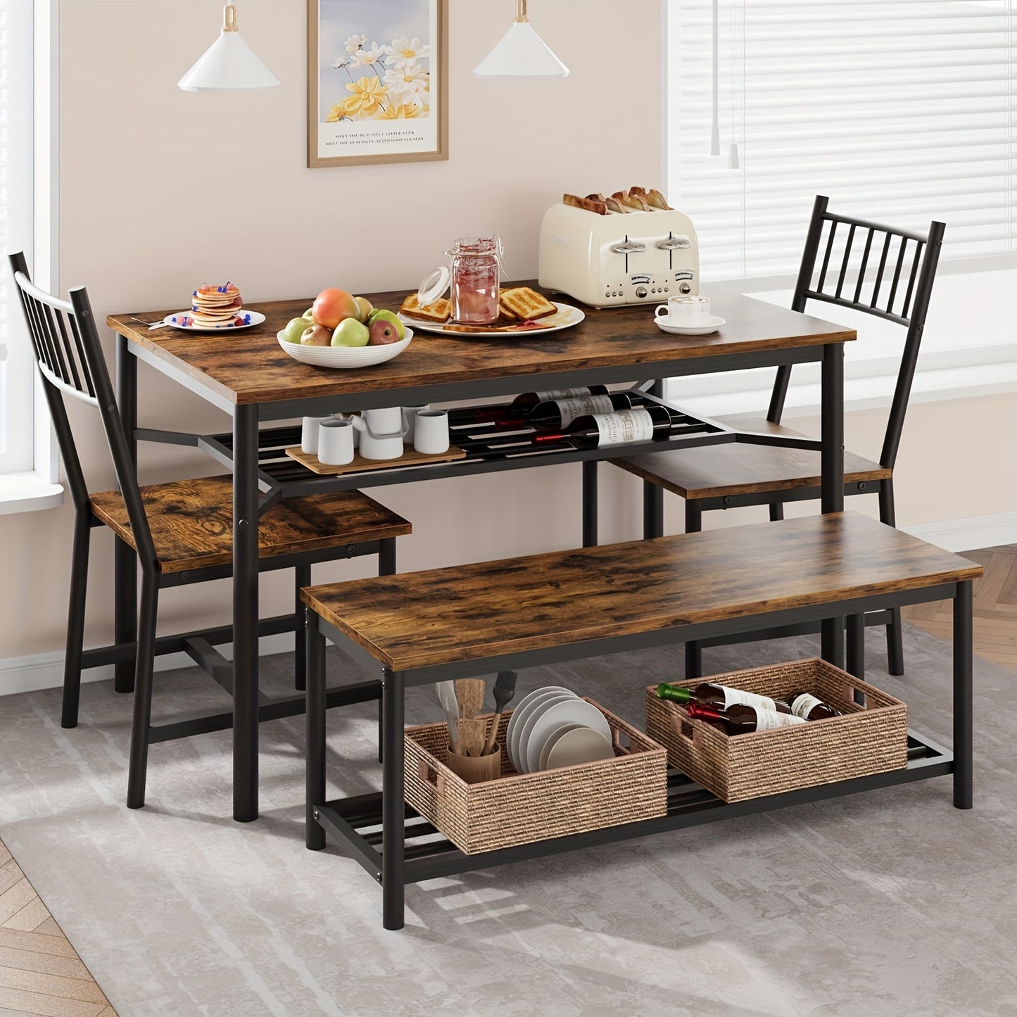 Dining Table Set For 4, Kitchen Table And Chairs For 4 With Storage Bench, Rectangular Kitchen Table Set With Wine Rack, Dining Room Table Set For Small Space, Apartment, Retro Brown