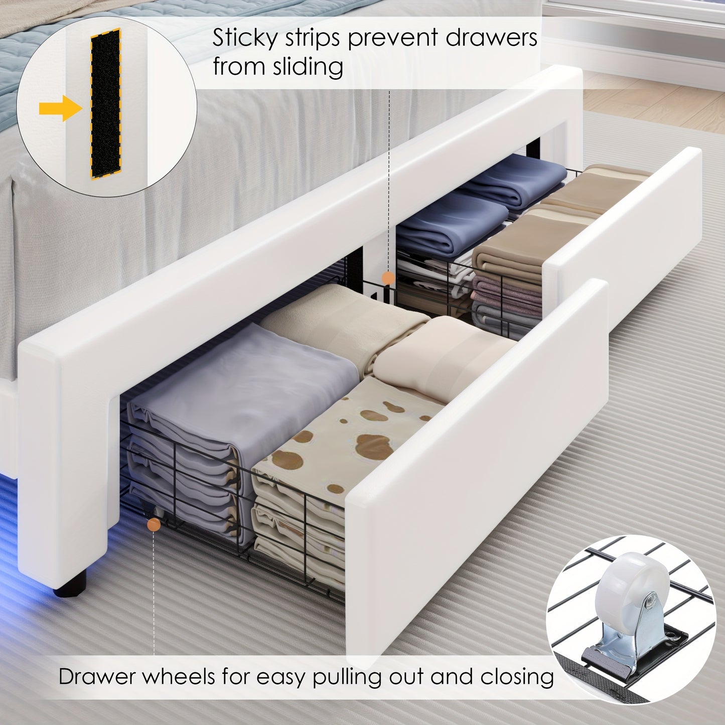 FULTRU LED Bed Frame with 2 Storage Drawers, Modern Smart Faux Leather Upholstered Platform Bed Frame with Adjustable Semicircle Headboard