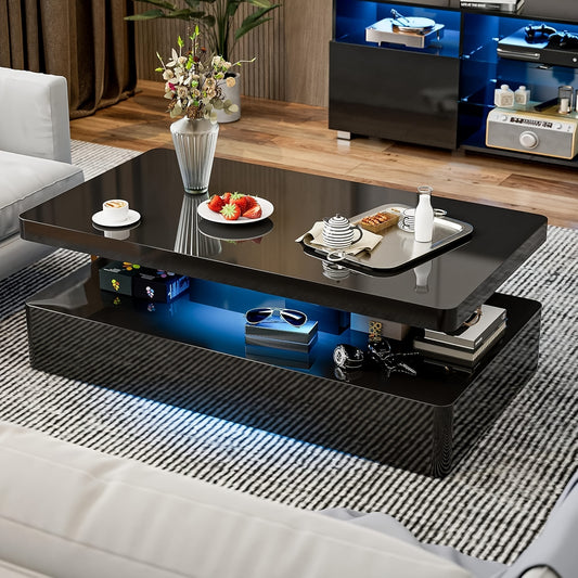 Elegant Modern LED Coffee Table for Living Room - 2-Tier Black & White Design with 16-Color LED Lights, Spacious Storage, Easy Assembly - Hardwood Material, High Gloss, Rectangular Design, Coffee Table, Living Room, 16-color