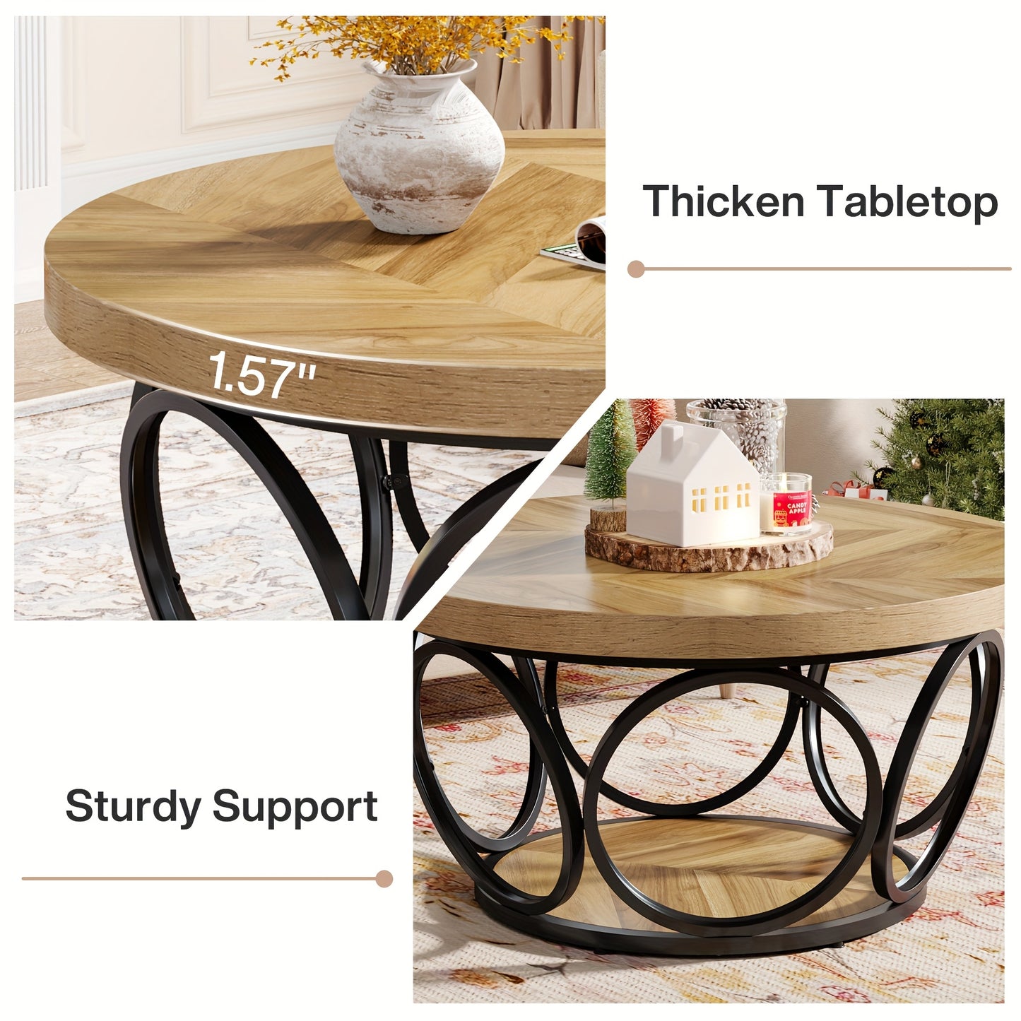 Coffee Table For Small Space, 31.5" Round Wood Center Table, Farmhouse Large Circle Coffee Tables With 2-Tier Storage, Modern Simple Brown Tea Table