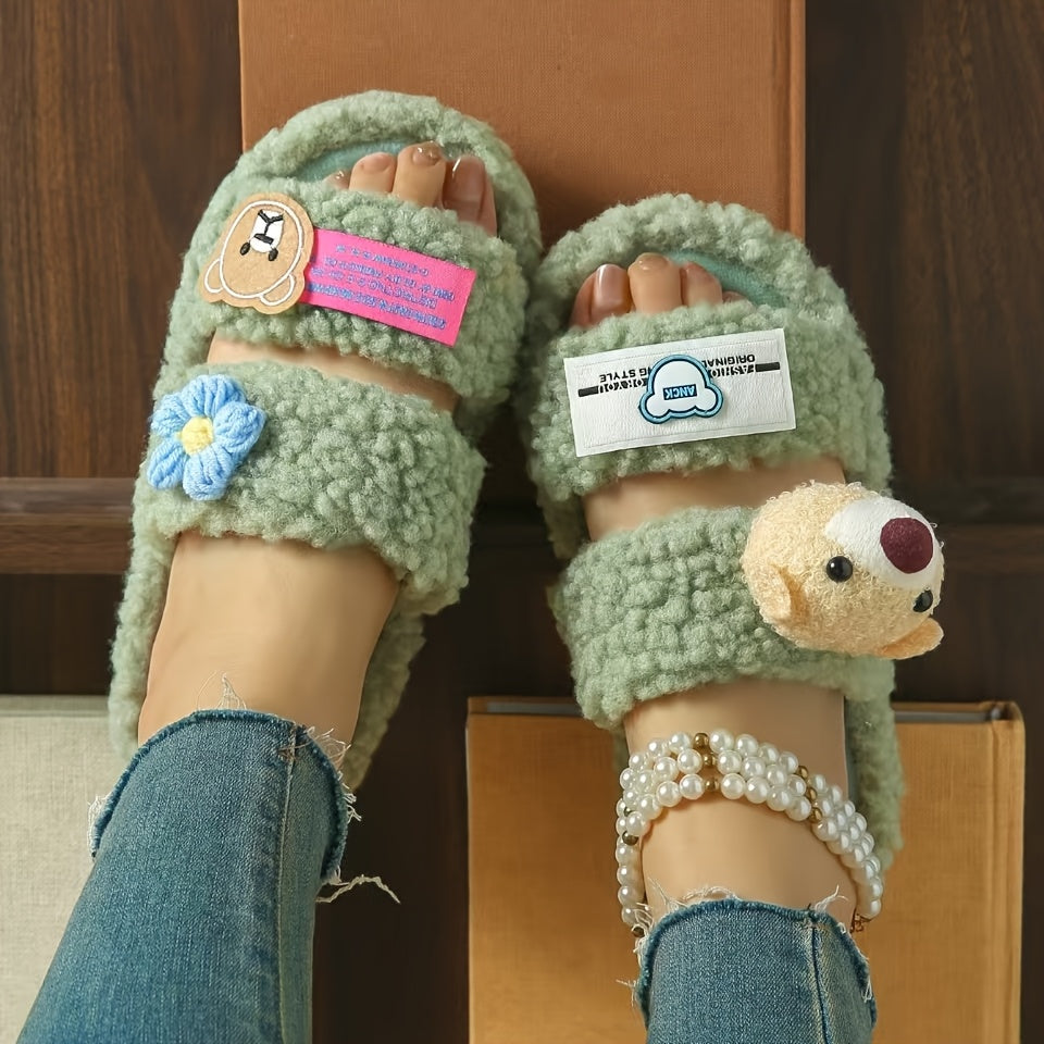 New Autumn And Winter Women'S Fluffy Slippers Designed in Dopamine Colors with Cartoon Bear Patches And Flat Non-Slip Soles.