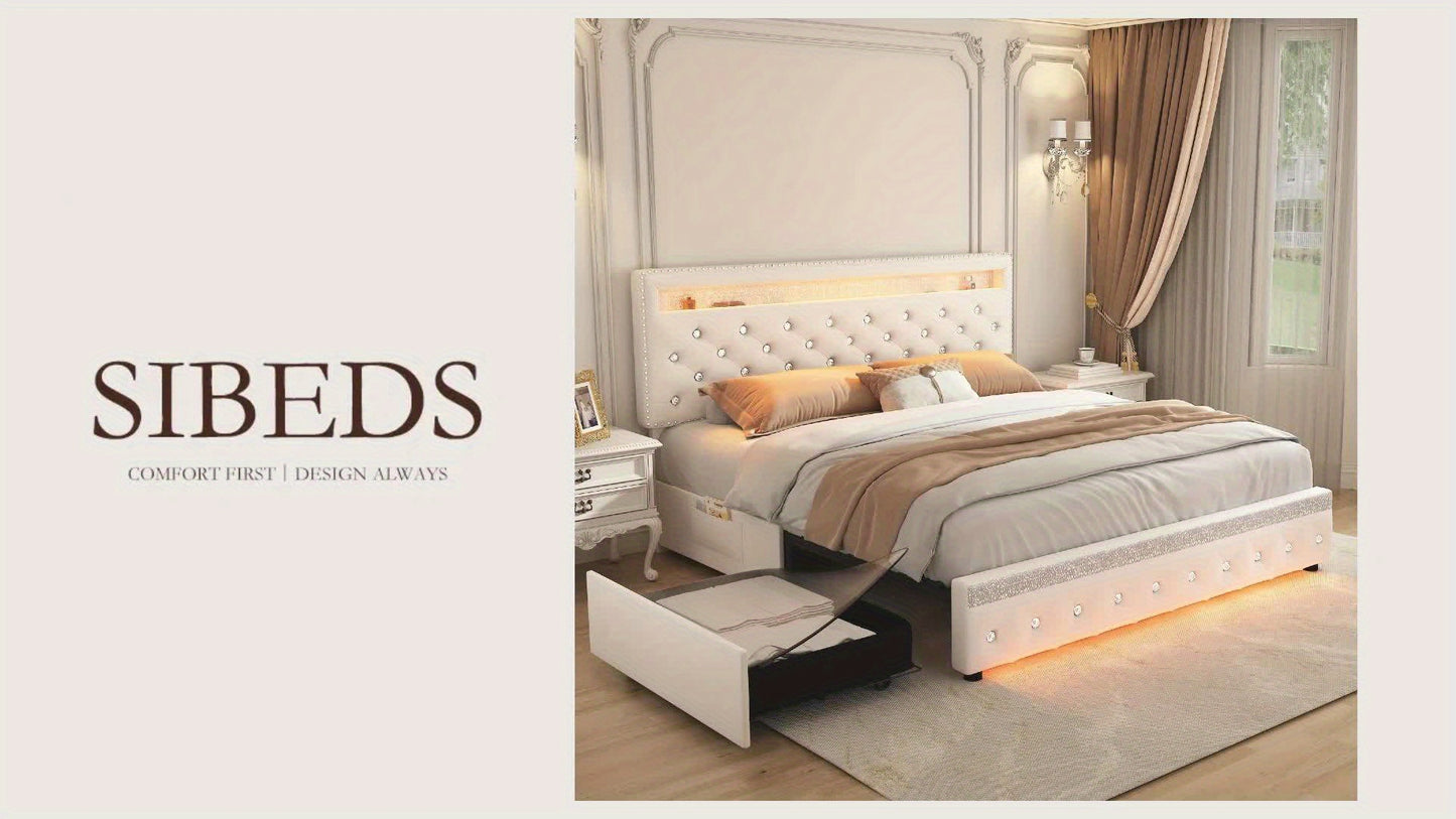 Sibeds Queen Size Bed Frame With LED Lights, Upholstered Bed Frames Full With 2 Storage Drawers, King Size Platform Bed With Adjustable Crystal Button Tufted Headboard, No Box Spring Needed, PU Luxury Beds Girls Men's Bedroom