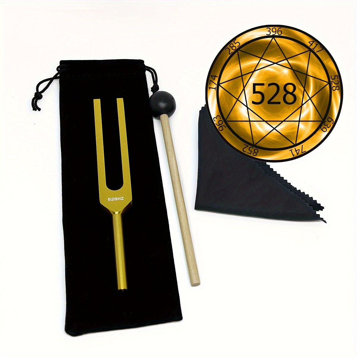 Golden color 528Hz Chakra Tuning Fork Brain Body Sound Forks Solfeggio Frequencies with Silicone Hammer Cleaning Cloth relaxing ambient sounds to align with the frequency of Love