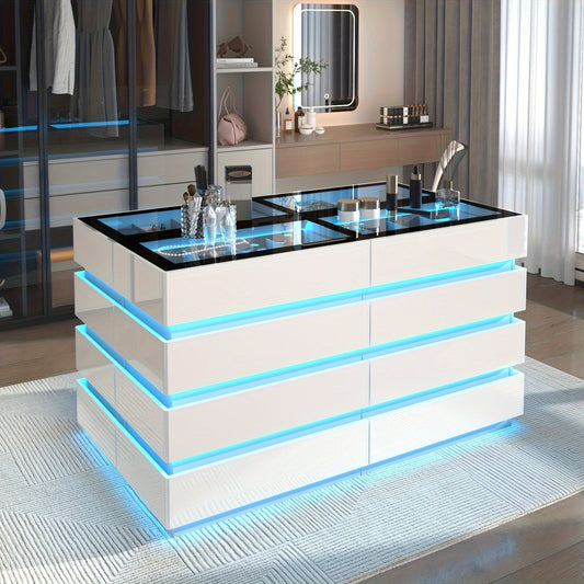 Modern 8-Drawer Dresser with Glass Top, High Gloss White Chest of Drawers, RGB LED Illumination, Wood-Based Panel & Hardwood Jewelry Display, with Closed Storage <3.2 Cubic Feet, for Bedroom, Living Room - US Plug, 110-130V