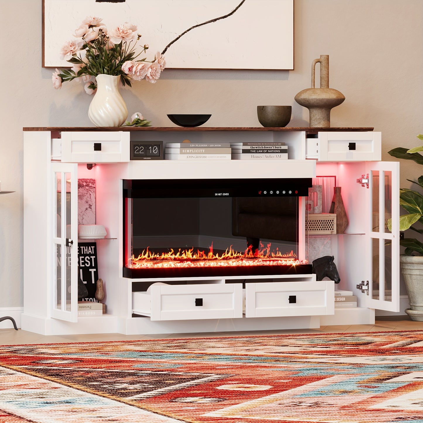 Modern LED Fireplace Cabinet With Remote Control - Multi-Color Lighting & Ample Storage