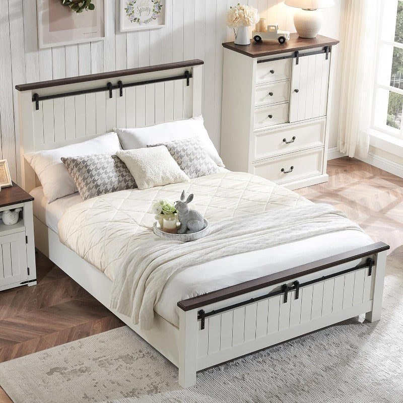 Farmhouse Full Size Bed Frame with 47" Headboard Wood Bed Frame with Groove Sliding Barn Door Footboard Platform Bed with Wood Slats Support No Box Spring Needed