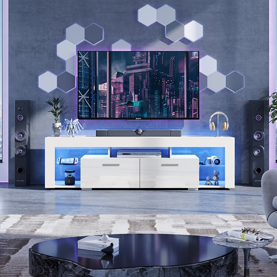 Modern 63''/71'' LED TV Stand For 55/65/75/80 Inch TV, High Gloss Media Center Television Console Table, Entertainment Center With Storage Drawers For Living Room, Game Room, Or Bedroom, White Or Black