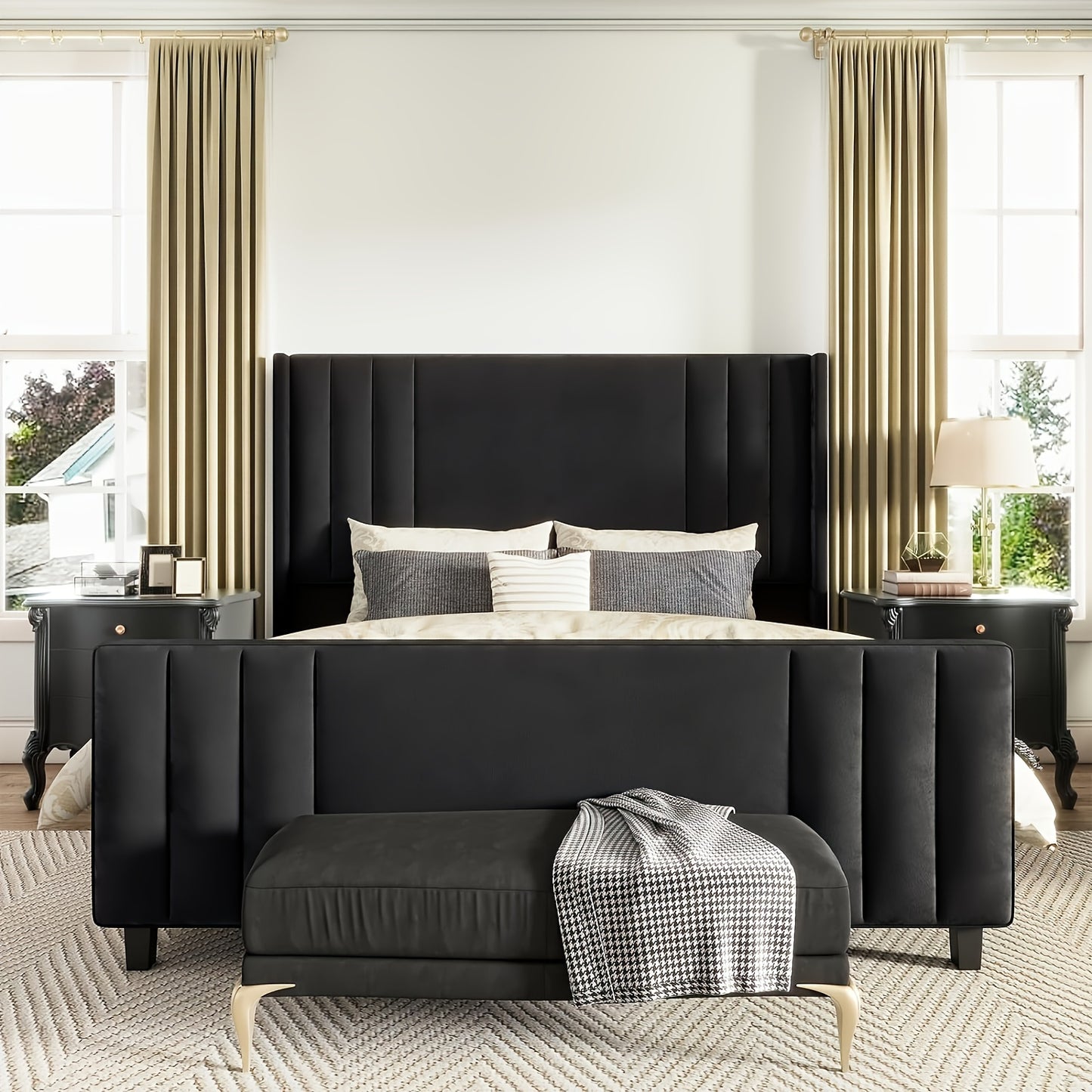 Queen Velvet Upholstered Platform Bed Frames featuring a Vertical Channel Tufted Headboard and Footboard with Wingback Design, Wood Slats Mattress Support, No Box Spring Required Black