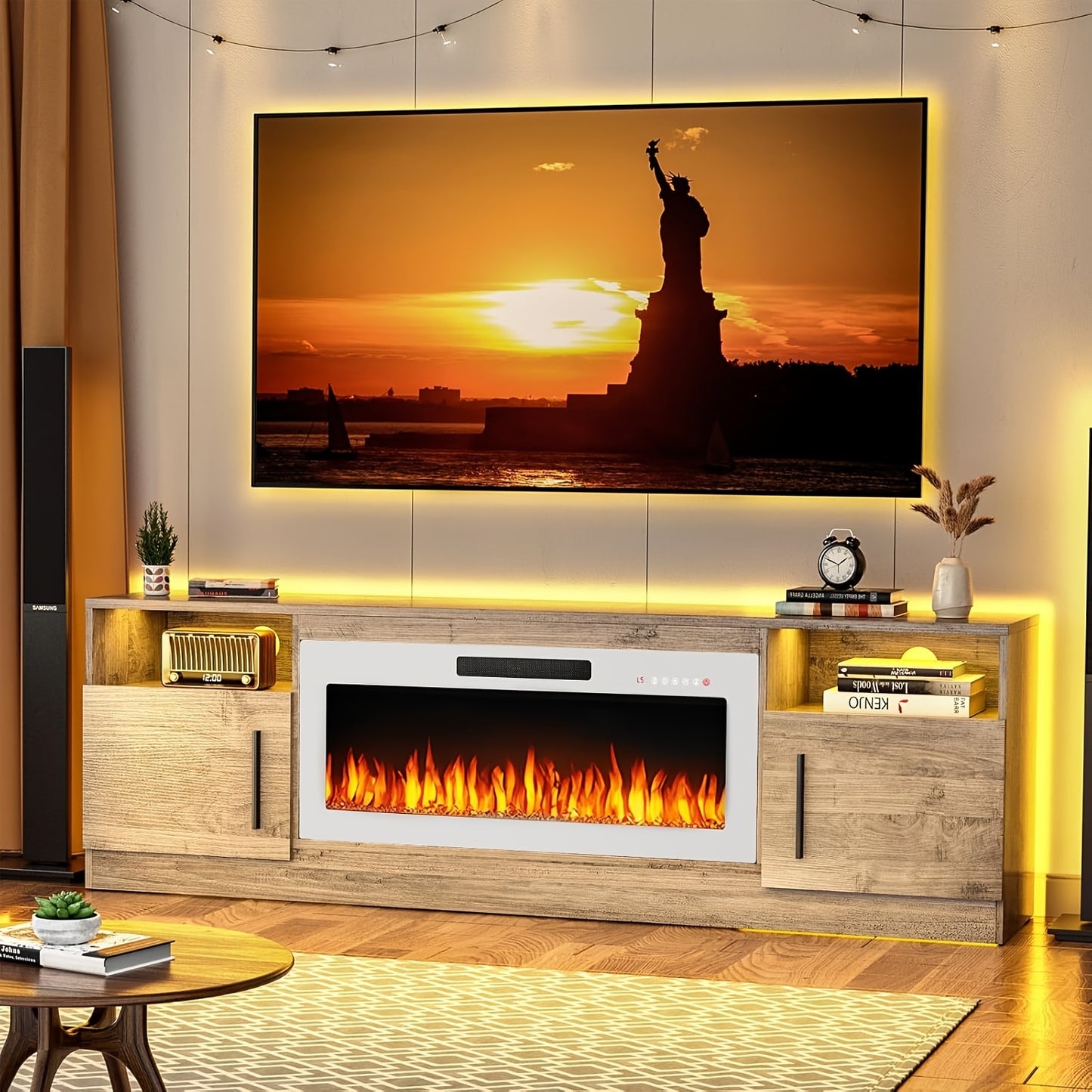 Fireplace TV Stand With 36" Electric Fireplace, LED Light Entertainment Center With Storage Cabinet For TVs Up To 80 Inch, Media TV Console With Modern Wood Texture, 70 Inch