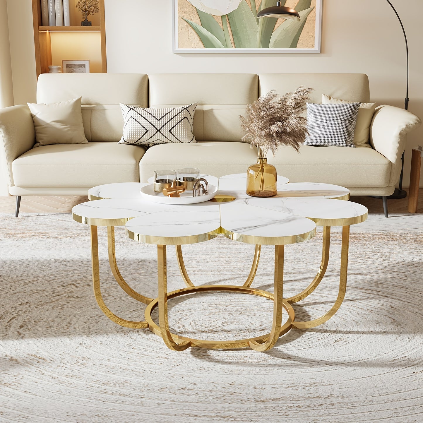 Petal shaped living room central coffee table, modern white Golden decorative table, 39.37 inch floral center table, suitable for living room, bedroom, and lounge, uniquely designed furniture, living room furniture.