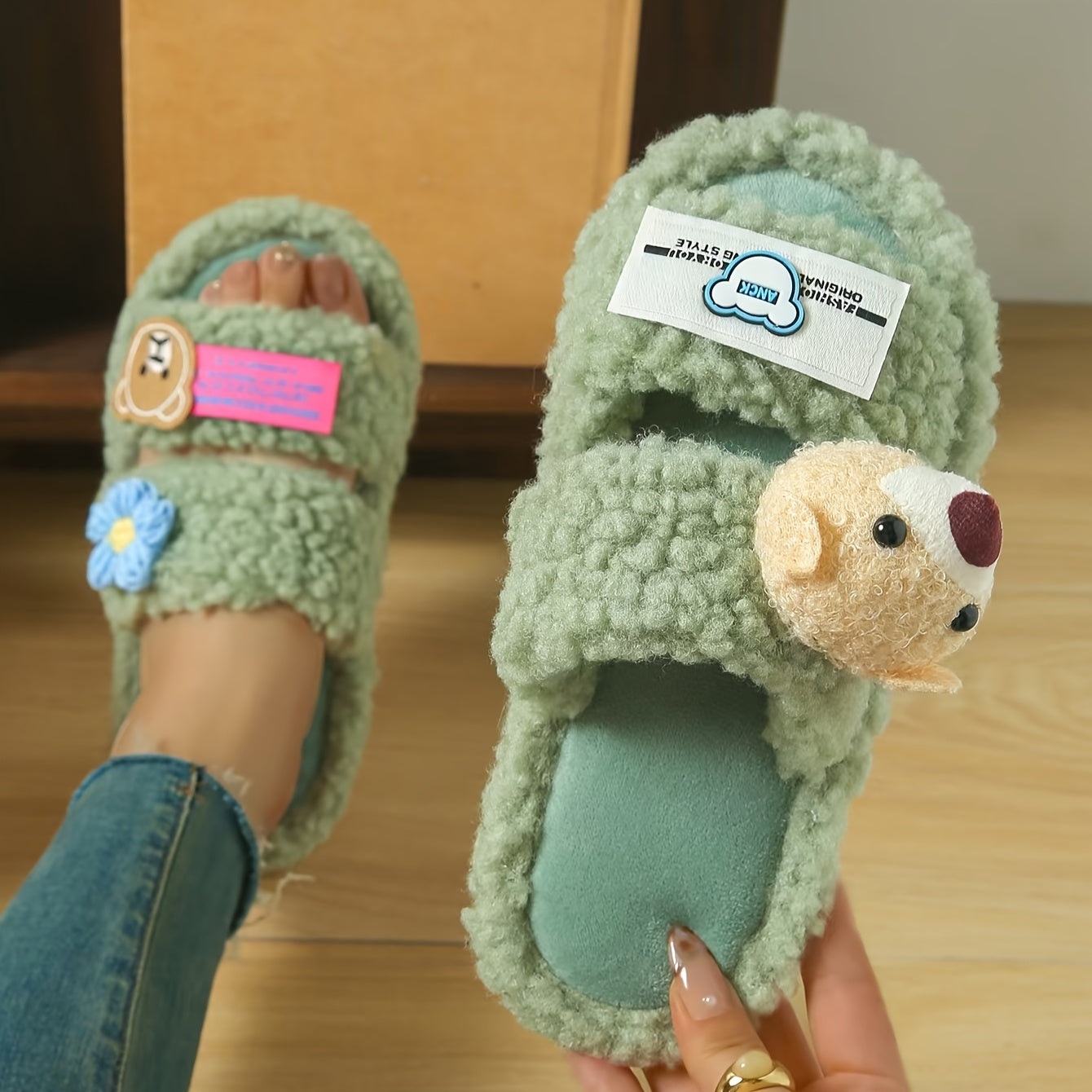 New Autumn And Winter Women'S Fluffy Slippers Designed in Dopamine Colors with Cartoon Bear Patches And Flat Non-Slip Soles.