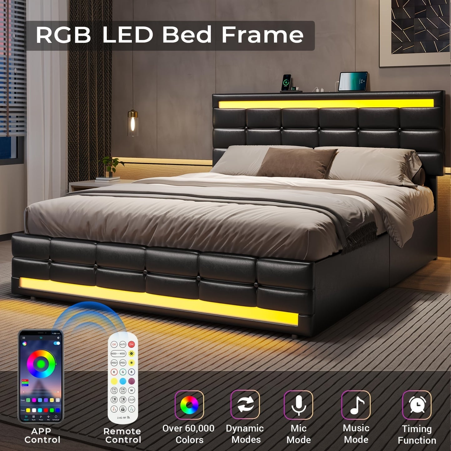 Queen Bed Frame With LED Lights Leather Platform Bed With Storage Drawers And Charging Station, LED Bed Frame Queen Size With Adjustable Headboard, No Box Spring Needed, Black