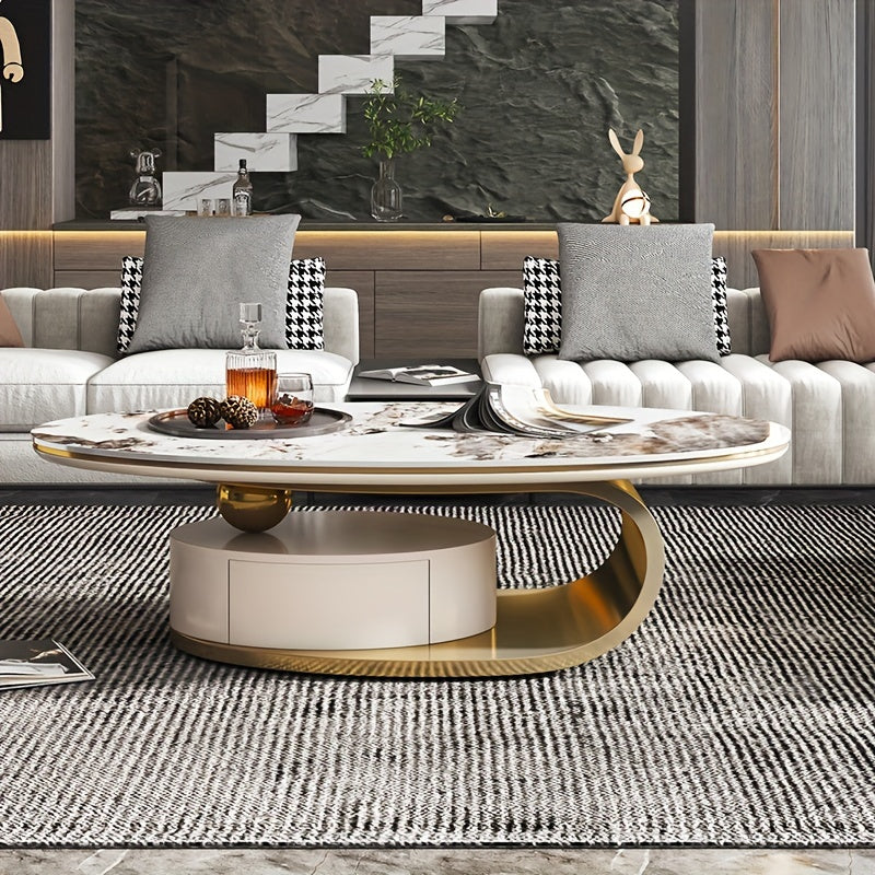 Luxury Modern Oval Coffee Table, High And Low Design, Metal And Faux Marble With Drawer