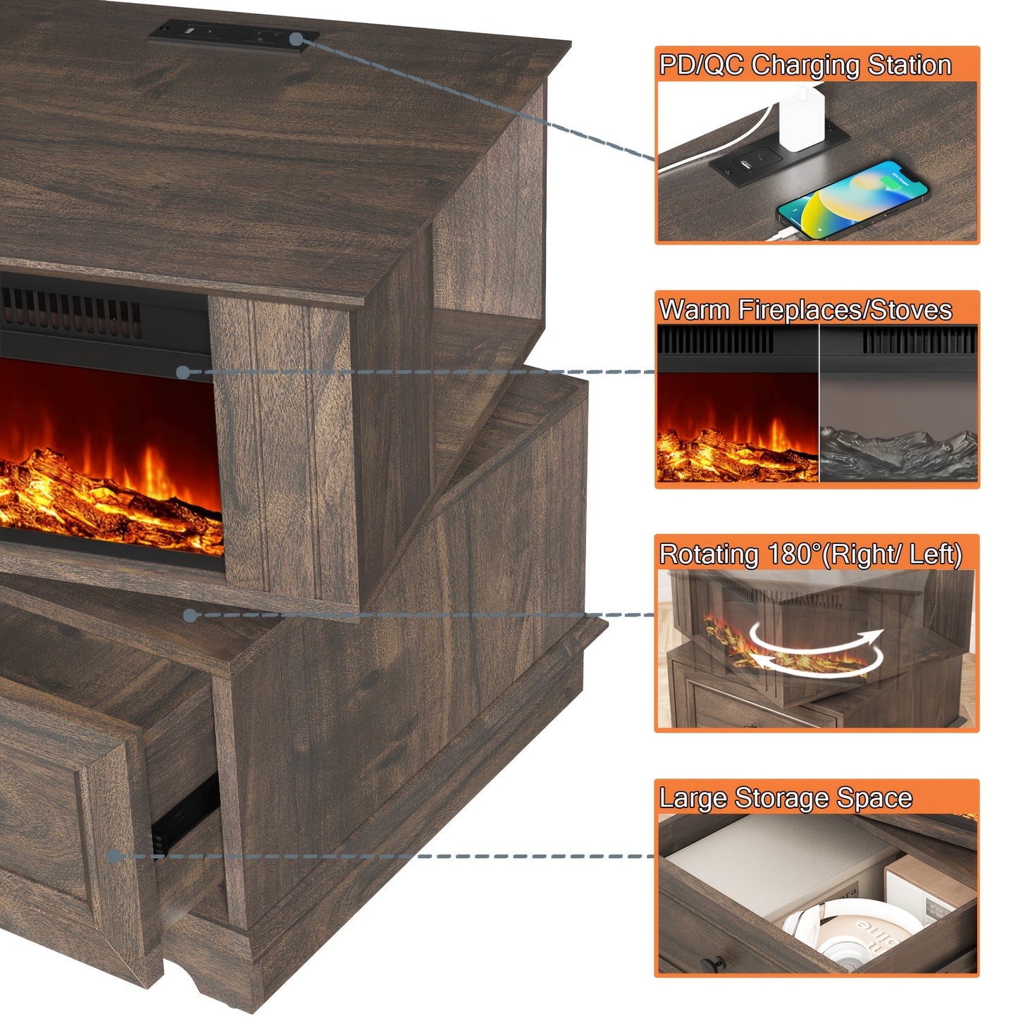 Rotating End Table with 13" Electric Fireplace Screens, Side Table with Fast Charging Station, 1400W Fireplace End Table with Storage, Wooden Side Table for Living Room, Bedroom, Office