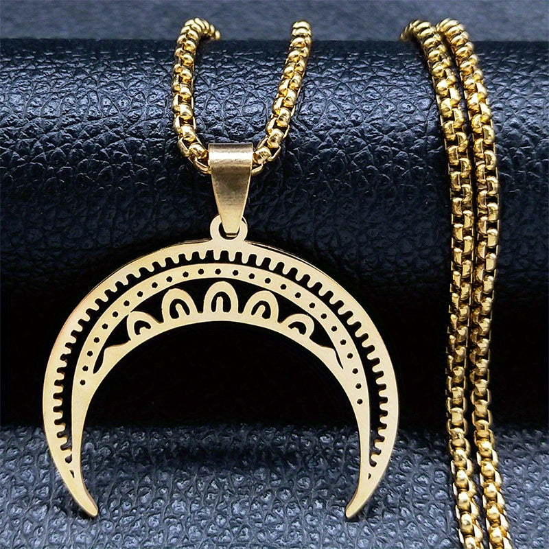 Elegant Golden-Toned Stainless Steel Crescent Moon Pendant Necklace with Intricate Patterns - Gothic/Vintage Style, Perfect for Casual Attire