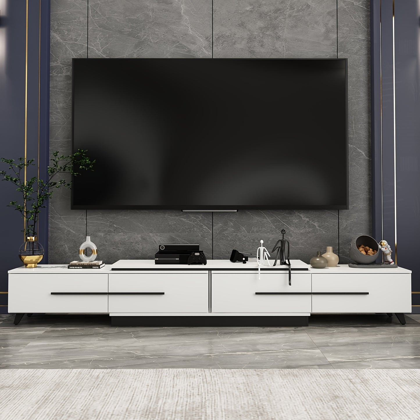 [Adjustable Design, Veneer Finish] Modern Adjustable TV Console & Media Cabinet - Spacious Storage with Drawers, Tripods, and Veneer Finish - Living Room Entertainment System