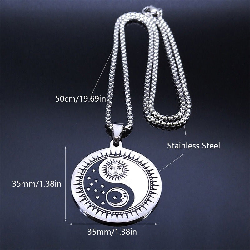 Stainless Steel Yin Yang Tai Chi Sun & Moon Pendant Necklace - Fashionable Chinese Style Amulet with Starry Night Design, Durable 316L Stainless Steel Chain, Sun And Moon Jewelry